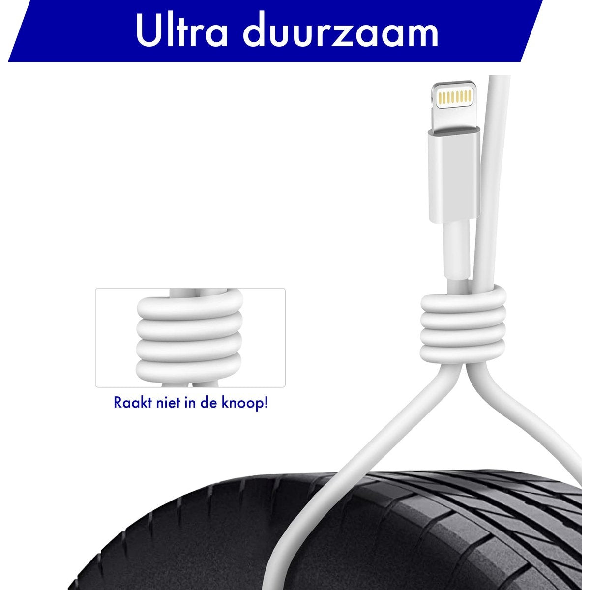 Witte oplaadkabel met Lightning-connector, opgerold. Een band op de achtergrond. Tekst: 'Ultra duurzaam' en 'Raakt niet in de knoop!'