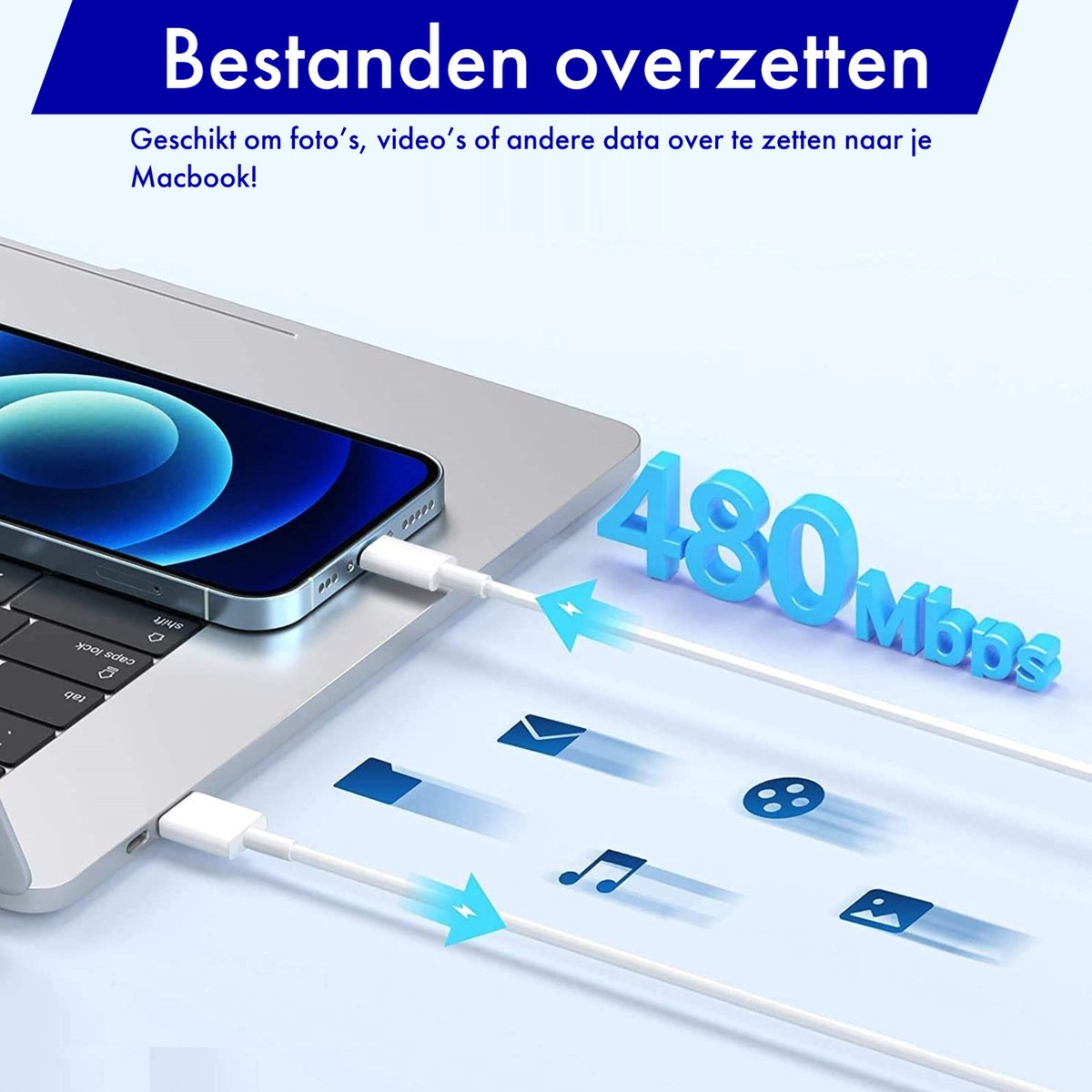 Telefoon verbonden met laptop met kabel. Pictogrammen en tekst over gegevensoverdracht, samen met de snelheid van 480Mbps.