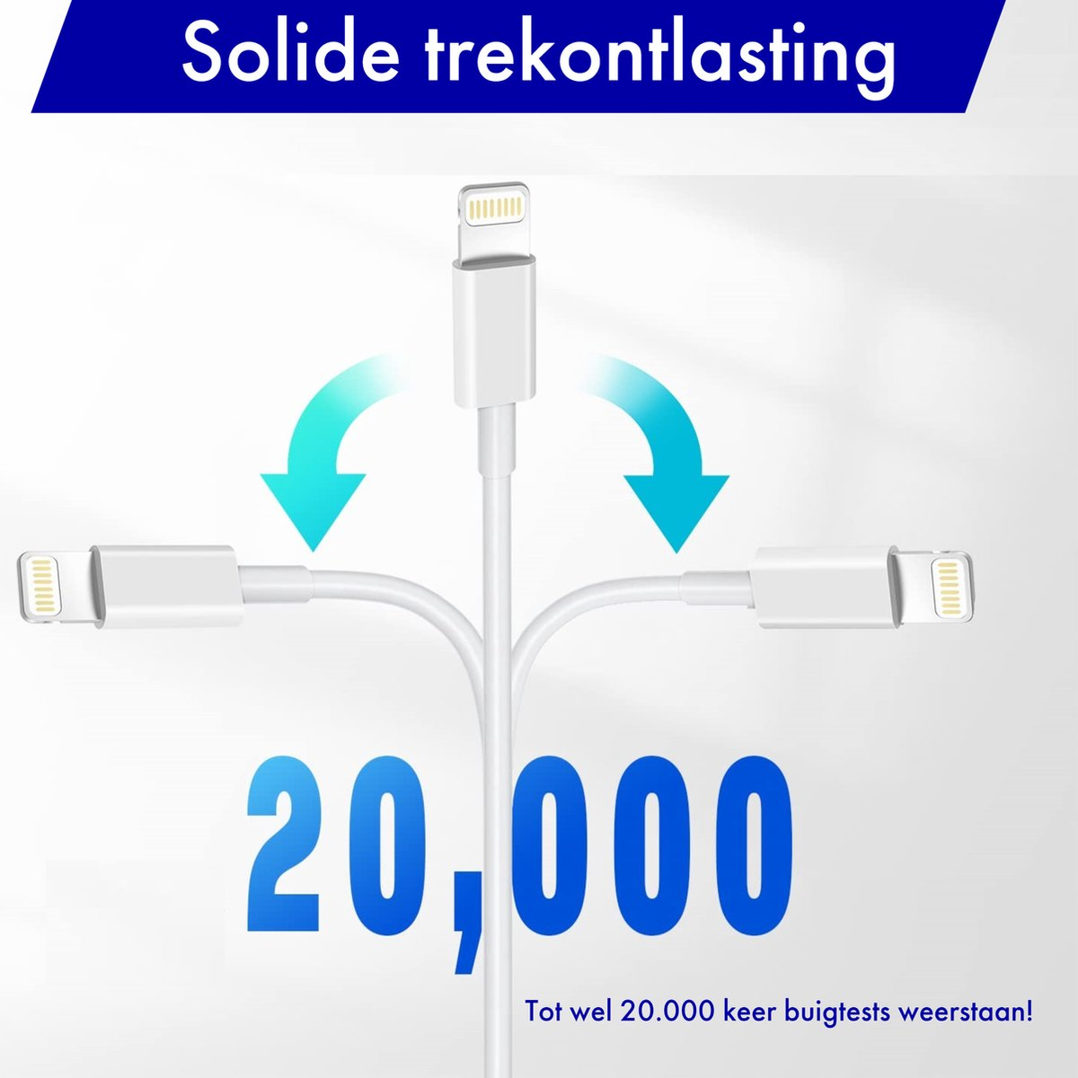 Witte kabel met drie Lightning connectoren. Turquoise pijlen omringen de connectoren. Blauwe tekst '20,000'. Witte achtergrond.