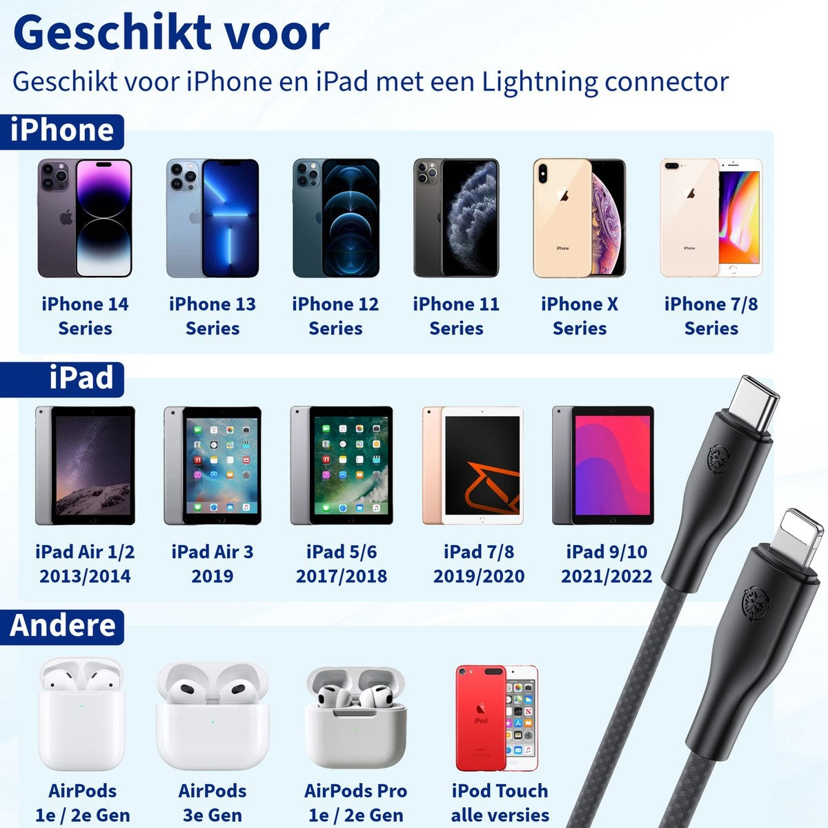 Afbeelding met iPhones, iPads, AirPods en iPods die compatibel zijn met een Lightning-connector, samen met een oplaadkabel.