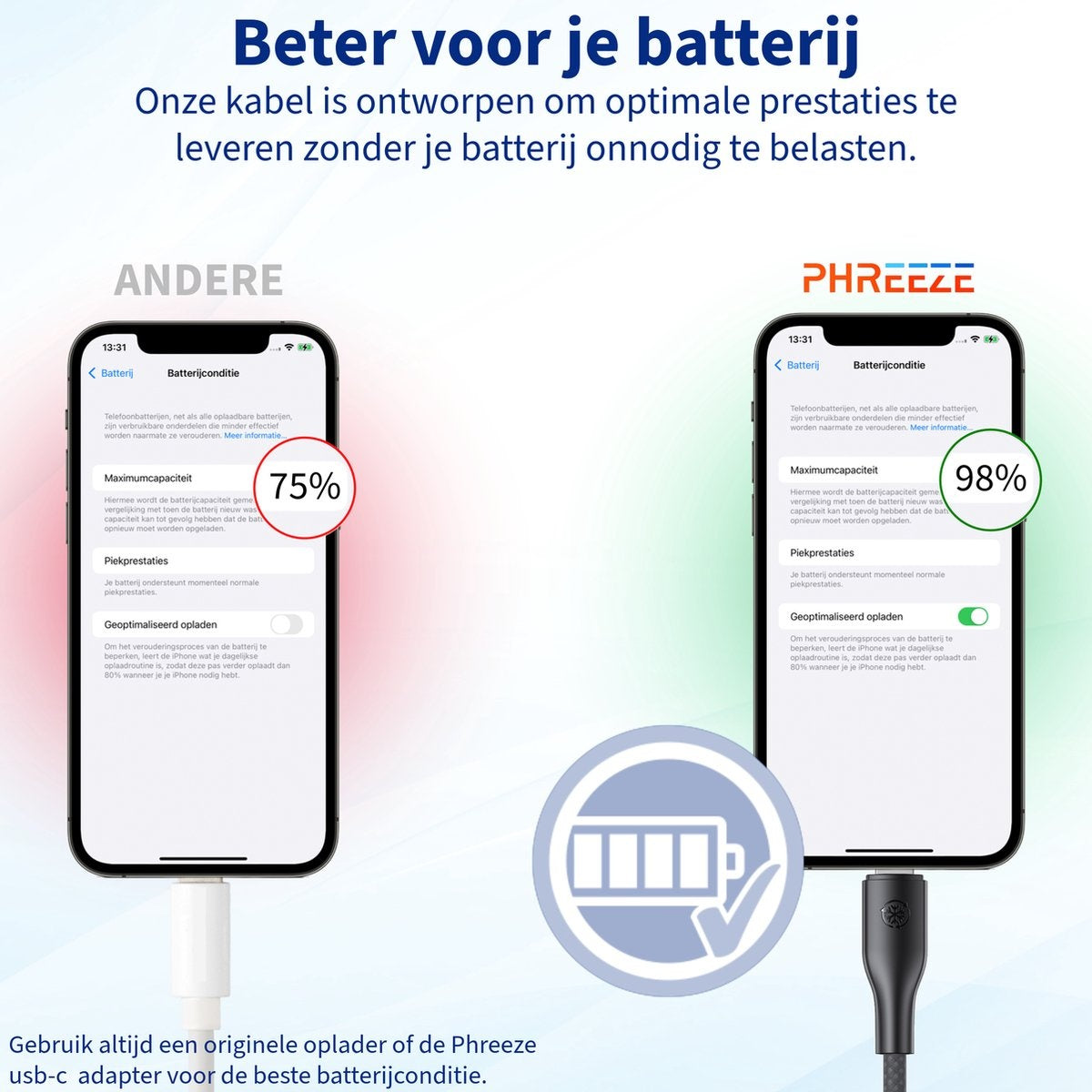Afbeelding toont twee telefoons met batterij-info. Eén heeft 75% capaciteit, de andere 98%. Een oplaadkabel en batterij-icoon zijn ook aanwezig.