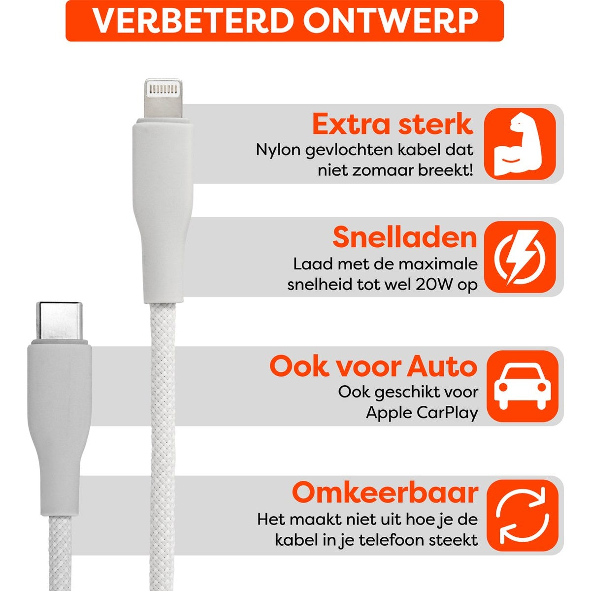 Witte oplaadkabels met Nederlandse tekst, waaronder 'Extra sterk', 'Snel laden', 'Ook voor Auto' en 'Omkeerbaar'.