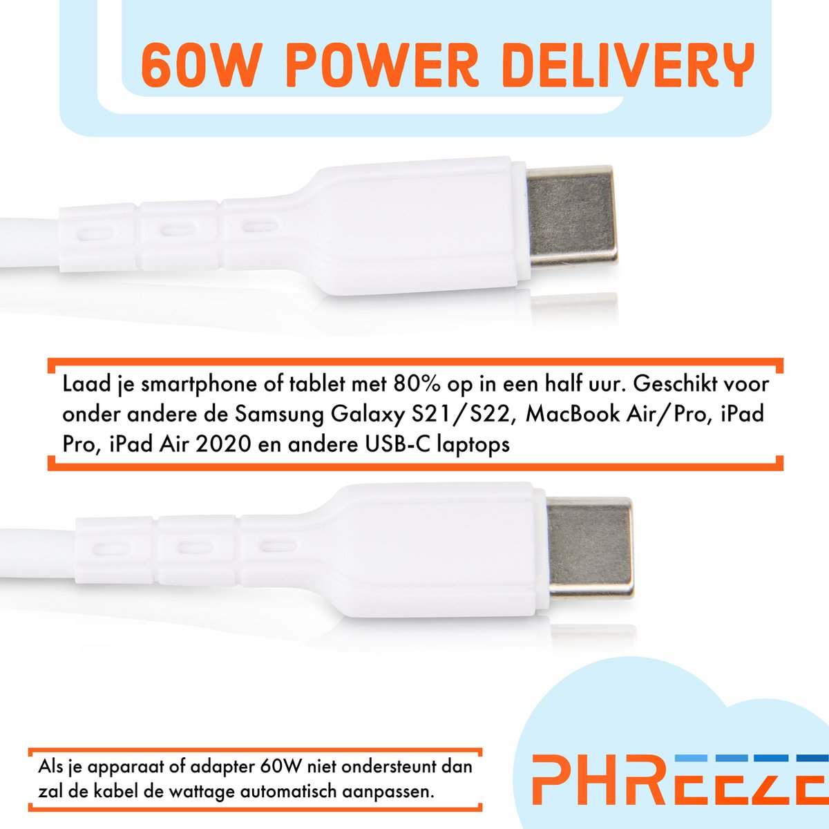 Een witte USB-C-kabel met tekst die 60W stroomtoevoer aangeeft. Het is ook compatibel met diverse apparaten.
