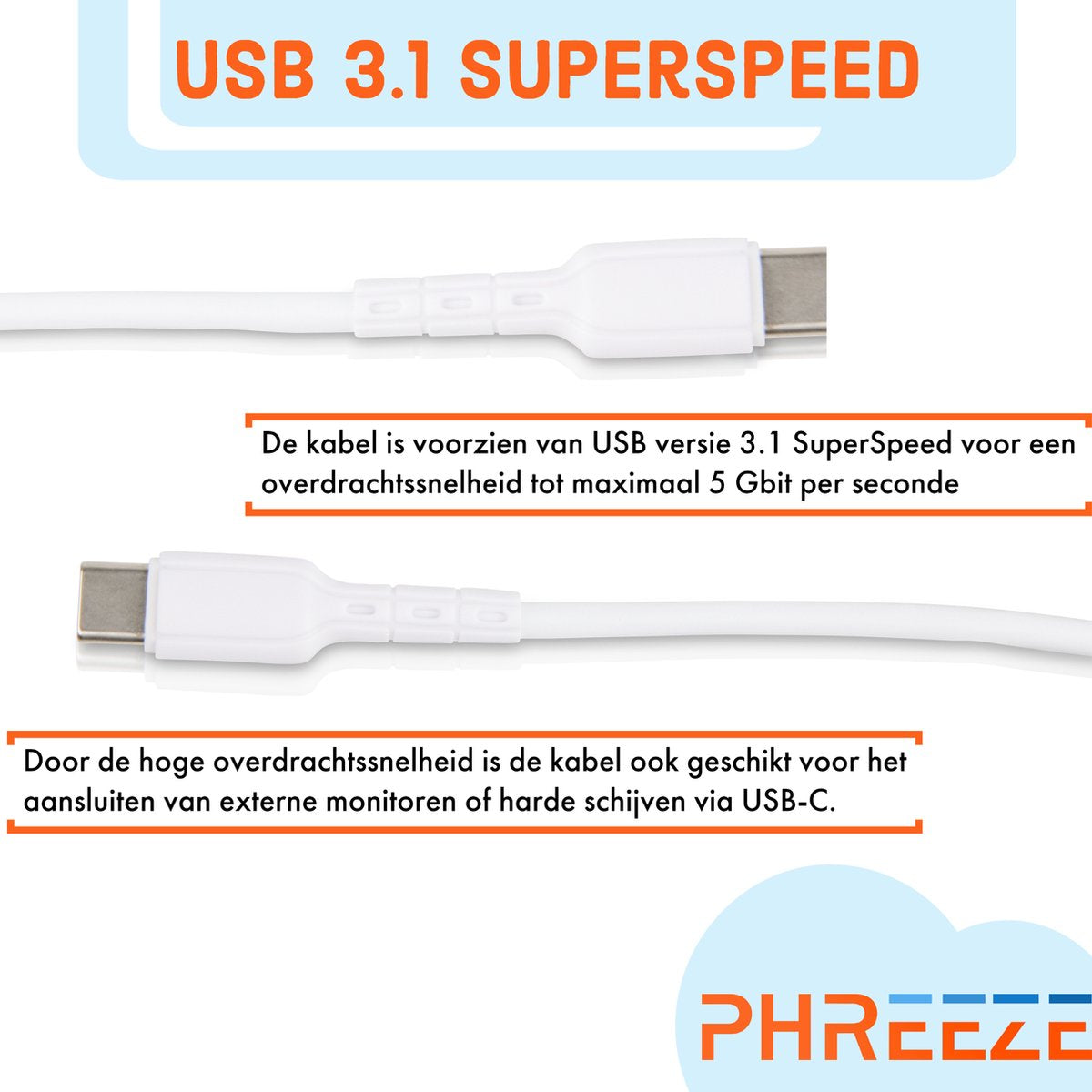 Een witte USB-C-kabel met tekst die aangeeft dat deze USB 3.1 SuperSpeed ondersteunt en externe monitoren kan aansluiten.