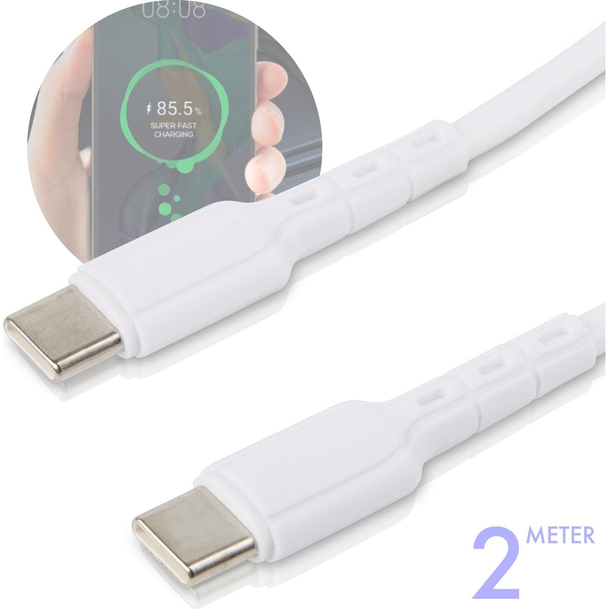 Witte USB-C oplaadkabel. Een telefoon toont 85,5% lading. Tekst: "SUPER SNEL OPLADEN". De kabel is 2 meter lang.
