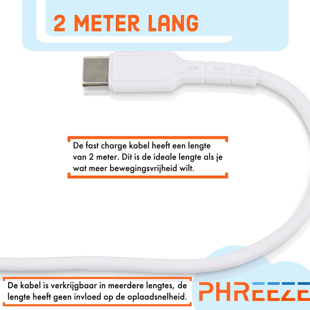 Een witte USB-C-kabel van 2 meter lang wordt getoond tegen een witte achtergrond, met Nederlandse tekst die de kenmerken beschrijft.