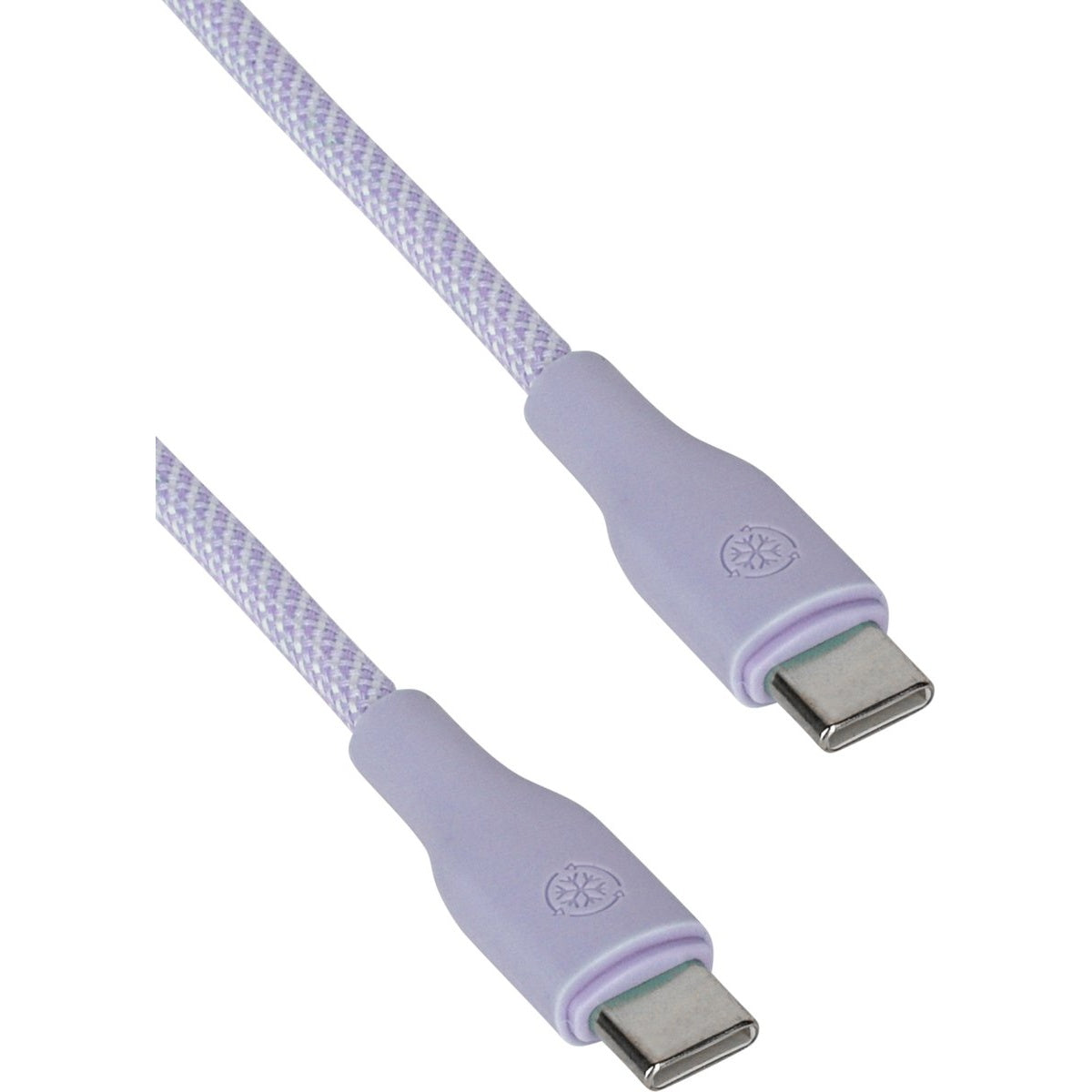 Twee lavendelkleurige USB-C-kabels met een wit en lavendelkleurig gevlochten snoer. De connectoren zijn lavendel met een cirkelvormig logo.
