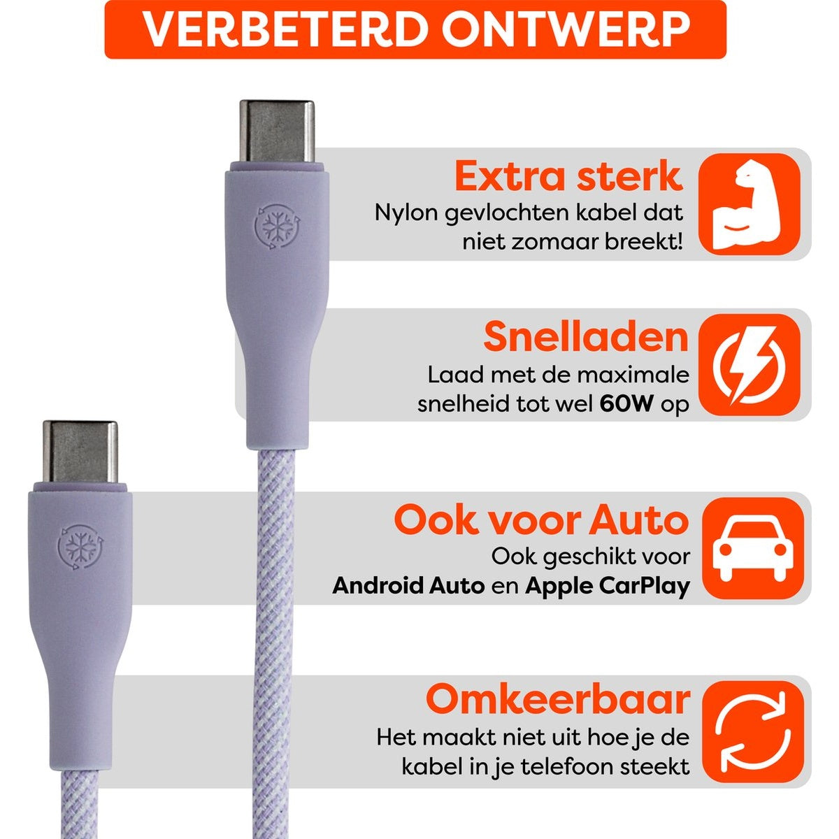 Afbeelding toont een paarse USB-C-kabel met tekst die functies beschrijft: extra sterk, snel opladen, auto-compatibiliteit en omkeerbaar.