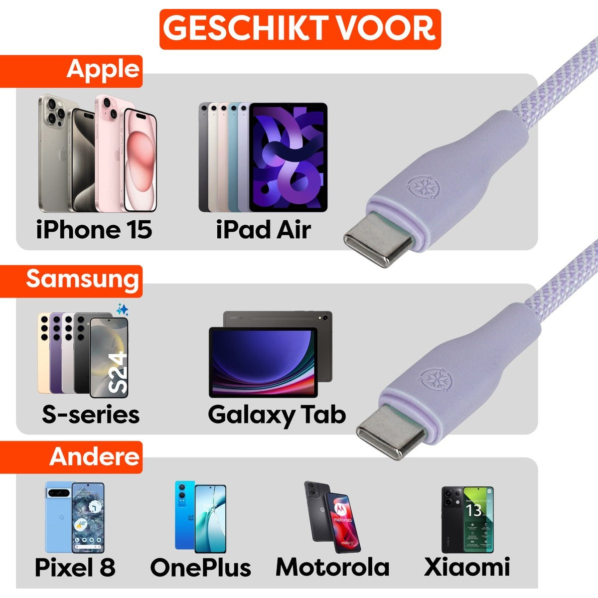 Afbeelding toont telefoons en tablets van Apple, Samsung en anderen met een paarse USB-C-kabel. Tekst zegt 'Geschikt voor'.