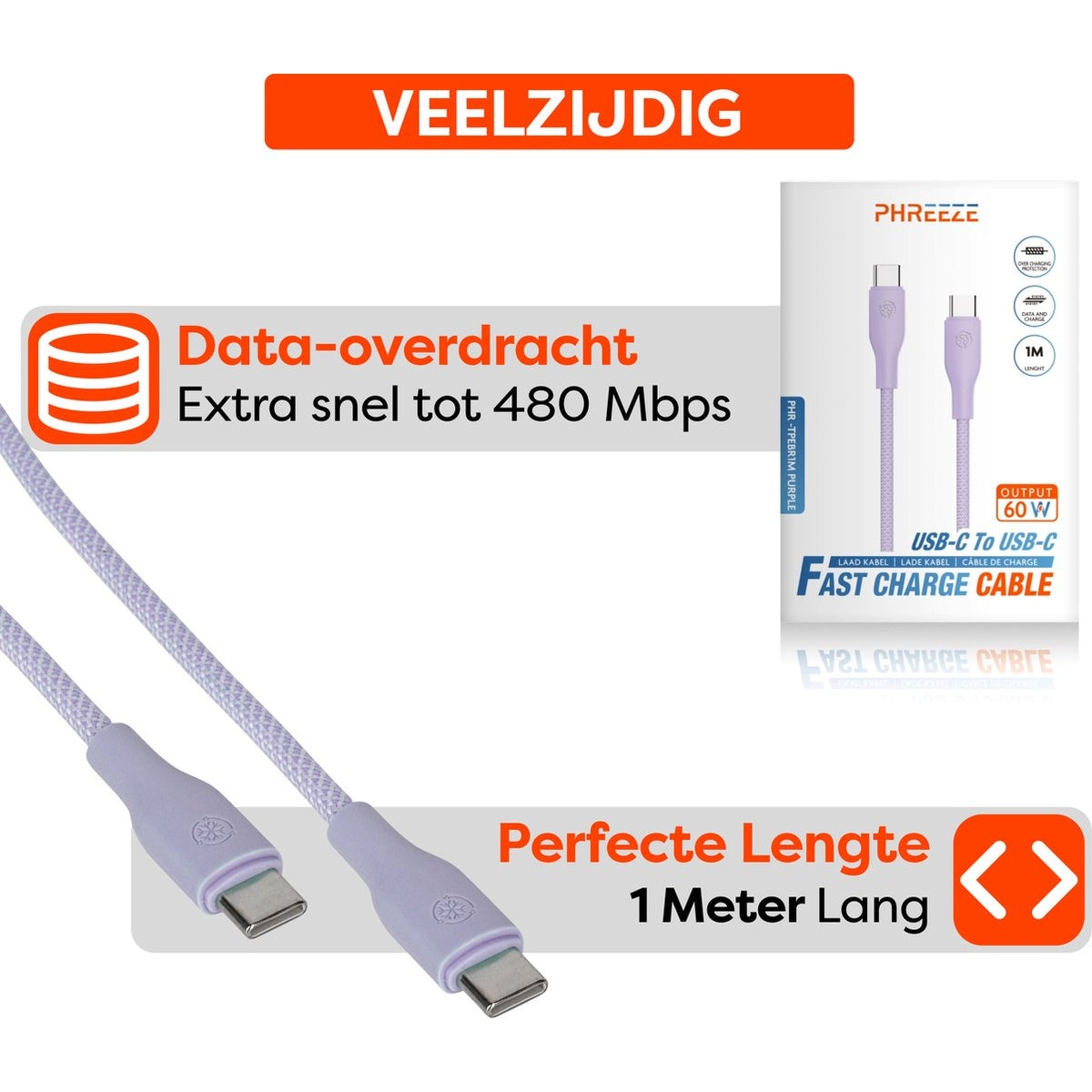 Een paarse USB-C oplaadkabel met een wit en grijs geweven ontwerp. De verpakking toont de kabel en specificaties.