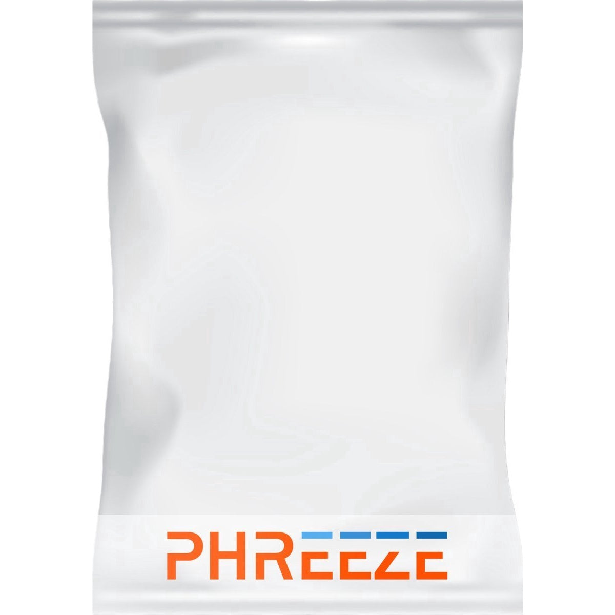 Witte plastic zak met het woord 'PHREEZE' in oranje en blauwe letters onderaan. De zak lijkt bovenaan verzegeld.