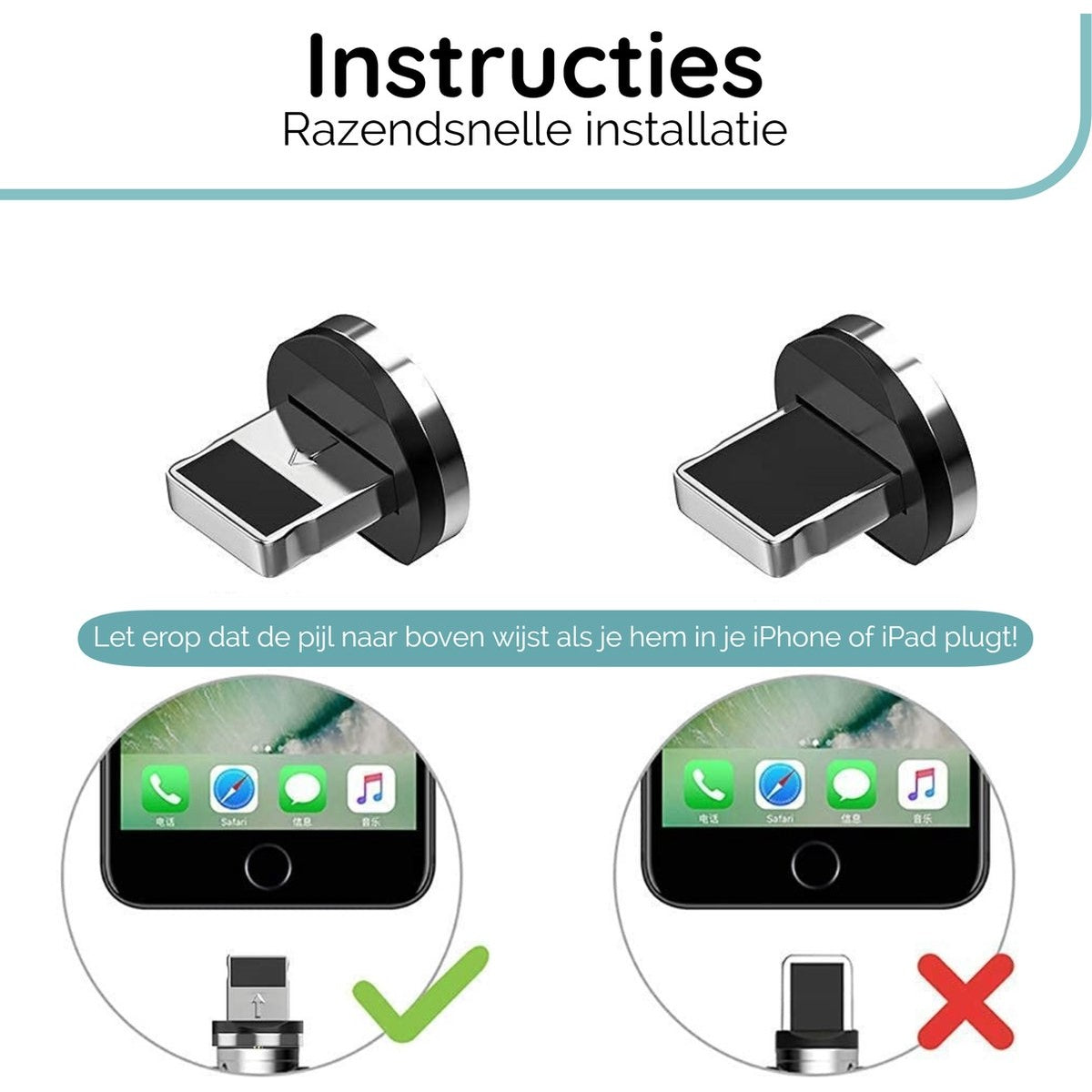 Installatie-instructies. Twee connectoren getoond, één met een groene vink, de andere met een rode X, die correcte en onjuiste invoeging aangeeft.