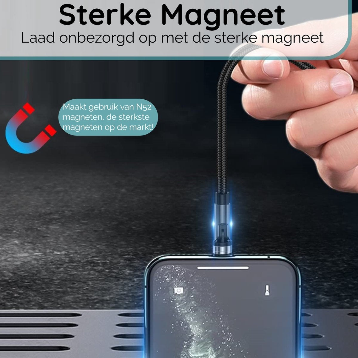 Een telefoon wordt opgeladen met een magnetische kabel. Een hand houdt de kabel vast. De tekst luidt "Sterke magneet".