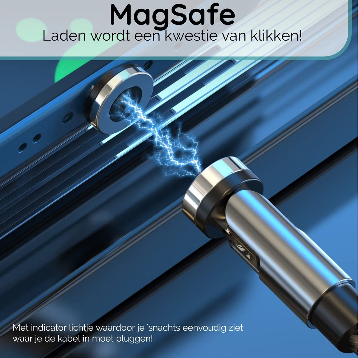 MagSafe oplaadconcept. Een kabel verbindt met een magnetische connector, met een bliksemeffect. Tekst: 'Opladen is een fluitje van een cent!'