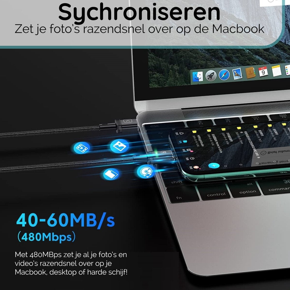 Telefoon verbonden met laptop met kabel. Scherm toont apps en bestanden. Tekst: 40-60MB/s (480Mbps).