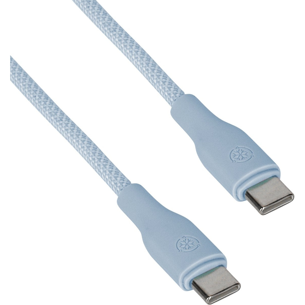 Twee lichtblauwe USB-C-kabels. Kabels hebben een geweven textuur en connectoren met een sneeuwvloklogo.