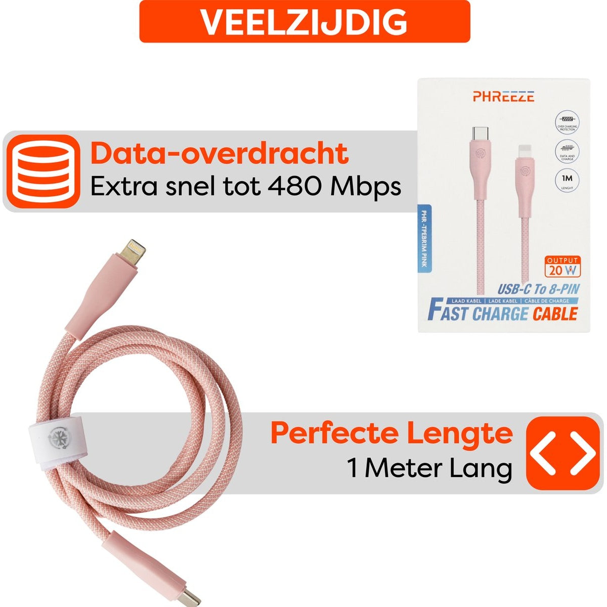 Roze USB-C naar 8-pins snellaadkabel, met tekst over gegevensoverdracht en lengte (1 meter).