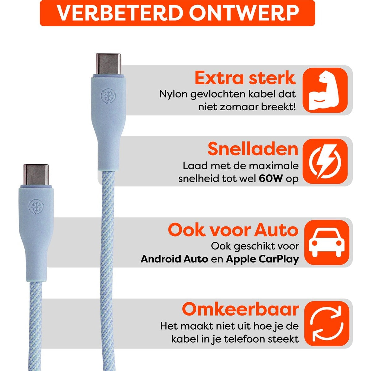 Een lichtblauwe USB-C-kabel met tekstbeschrijvingen: Extra sterk, snelladen, ook voor auto, omkeerbaar.
