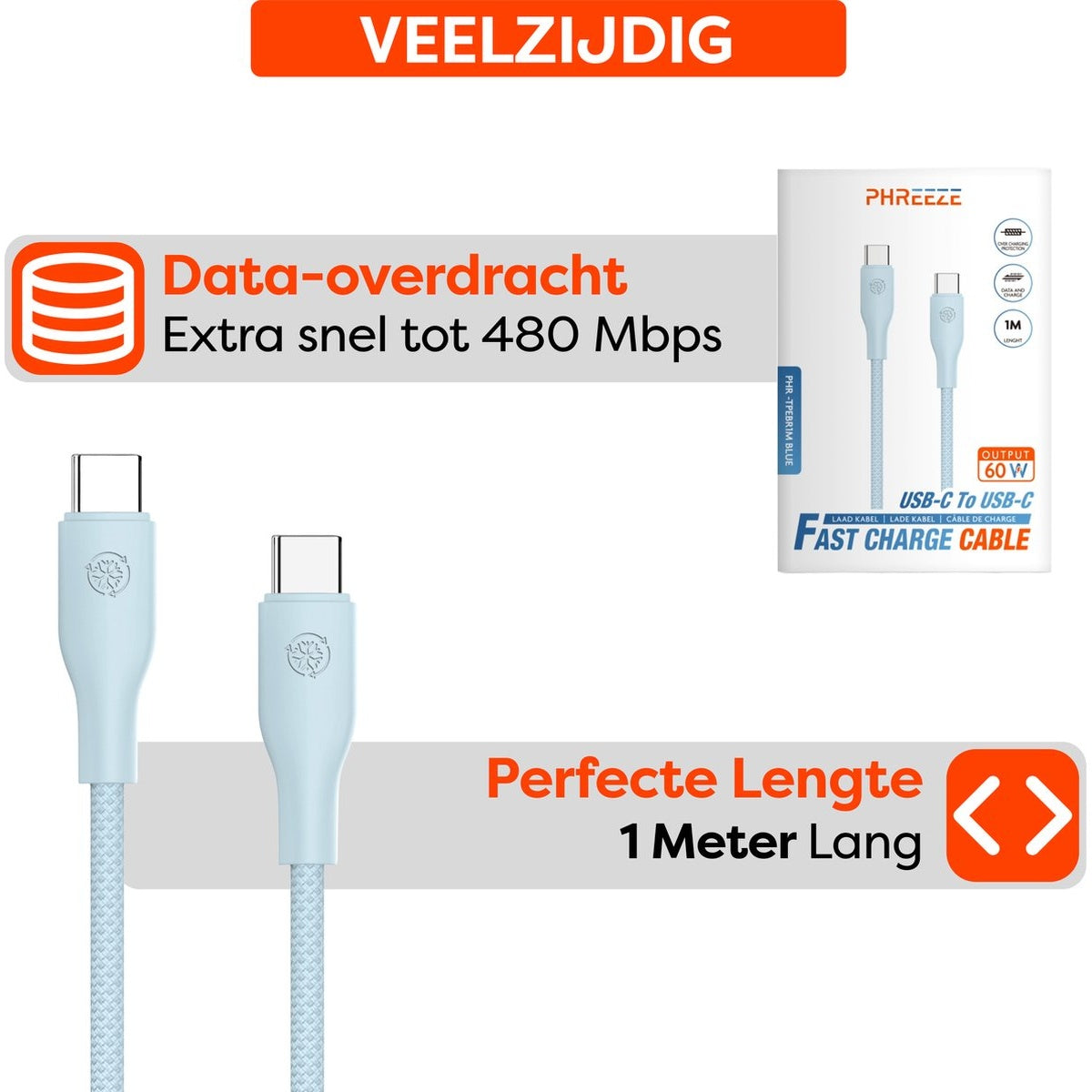 Een blauwe USB-C naar USB-C snellaadkabel. De verpakking zegt 'snellaadkabel'. 'Perfecte lengte 1 meter lang'.