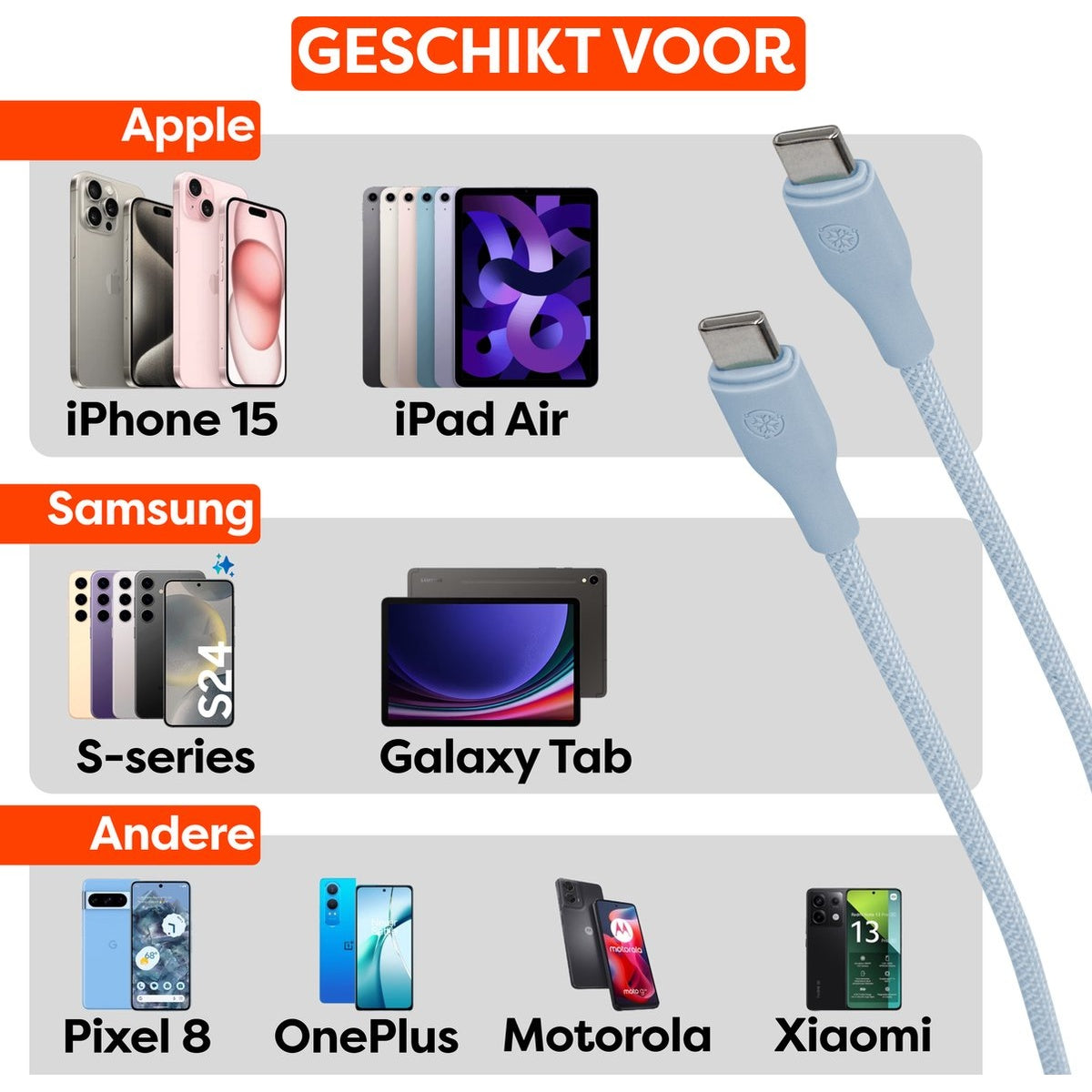 Afbeelding toont telefoons en tablets van Apple, Samsung en anderen, samen met een blauwe USB-C-kabel, die compatibiliteit adverteert.