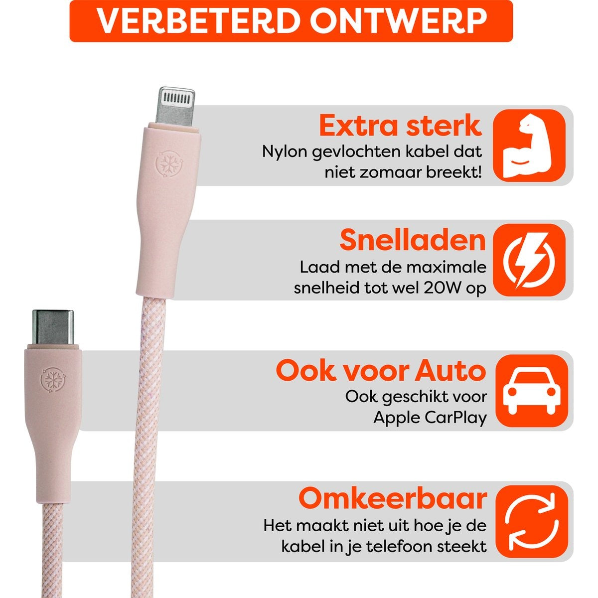 Afbeelding toont een roze oplaadkabel met Nederlandse tekst. De tekst beschrijft de eigenschappen van de kabel, zoals sterkte, snel opladen en compatibiliteit met de auto.