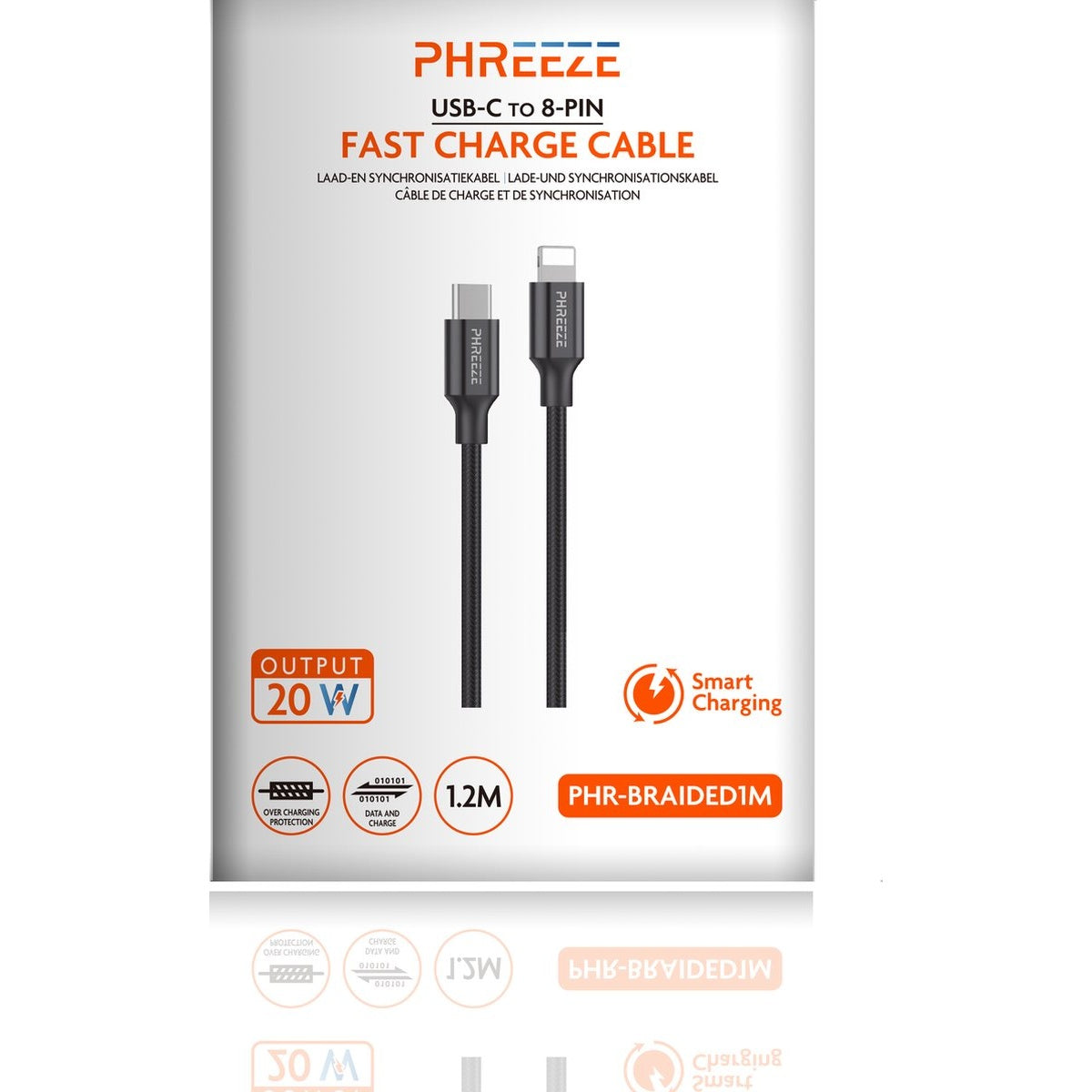 Een zwarte USB-C naar 8-pins snellaadkabel. Tekst op de verpakking bevat merknaam 'PHREEZE' en functies zoals '20W output'.
