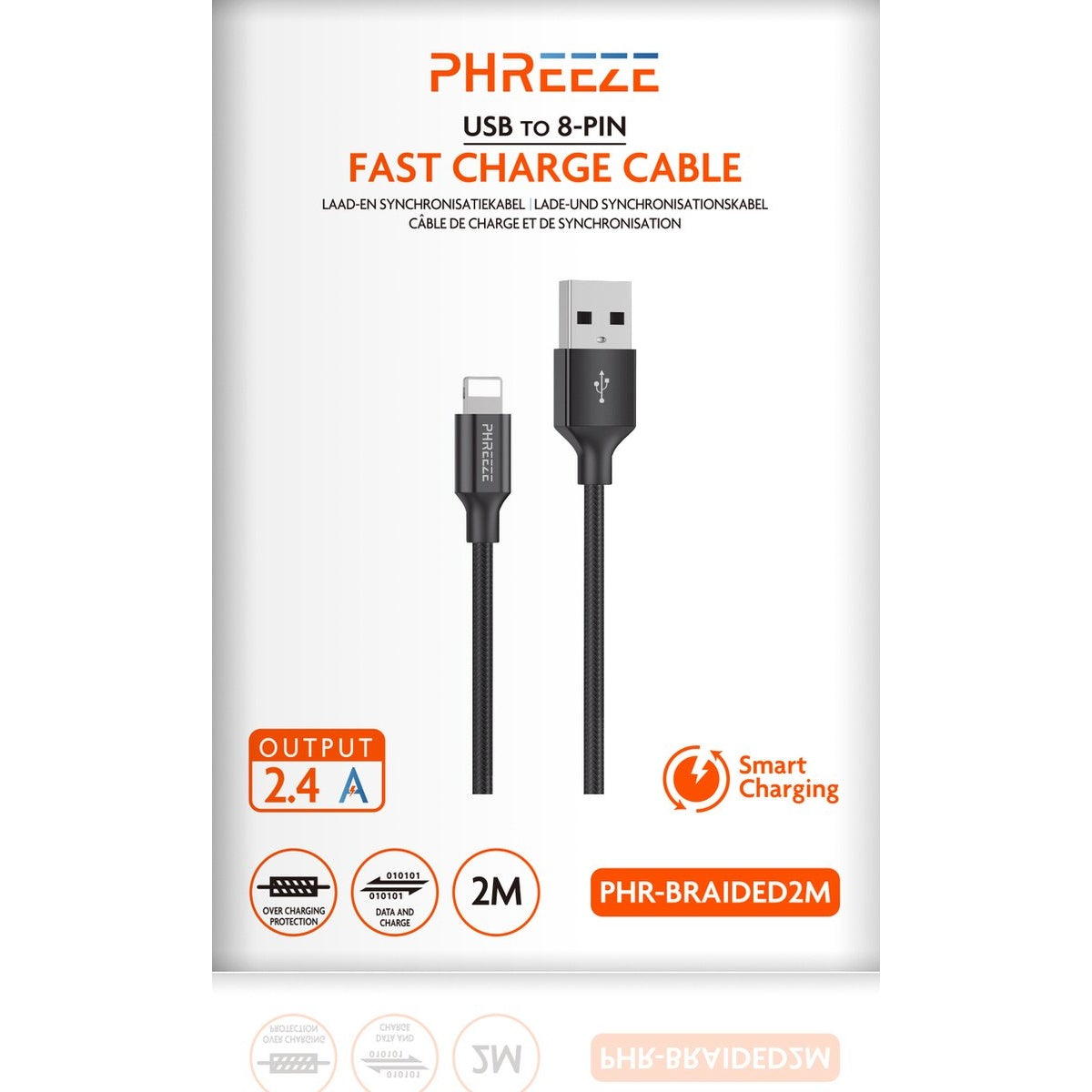 Zwarte USB naar 8-pins snellaadkabel. Kenmerken zijn overlaadbeveiliging, data & opladen en slim opladen. 2 meter lang.
