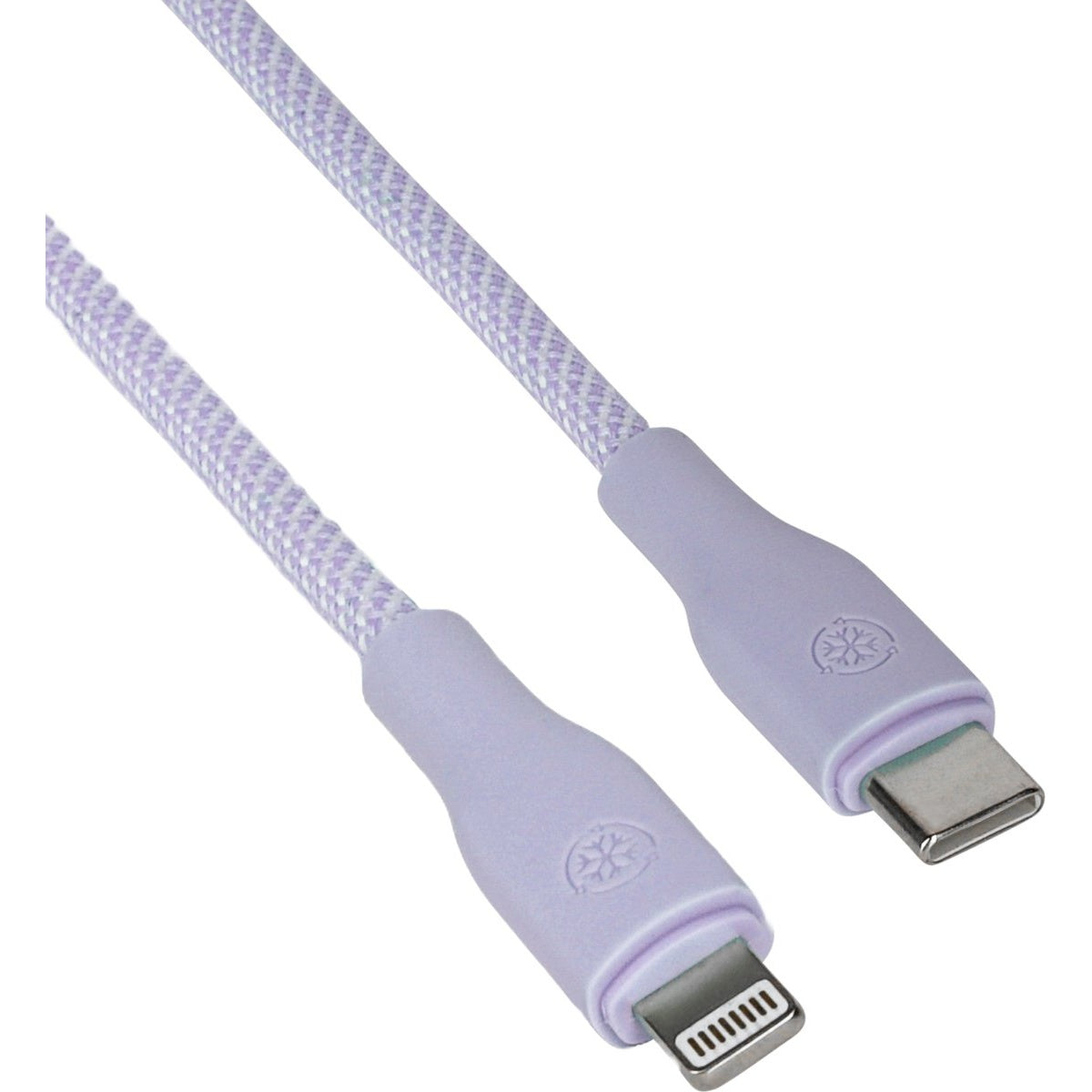 Een lavendelkleurige oplaadkabel met gevlochten koord. Eén uiteinde is USB-C, de andere is een Lightning-connector. Beide hebben een logo.