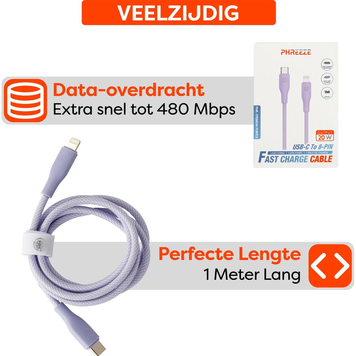 Een paarse USB-C naar 8-pins snellaadkabel wordt weergegeven met tekst over gegevensoverdracht en lengte.