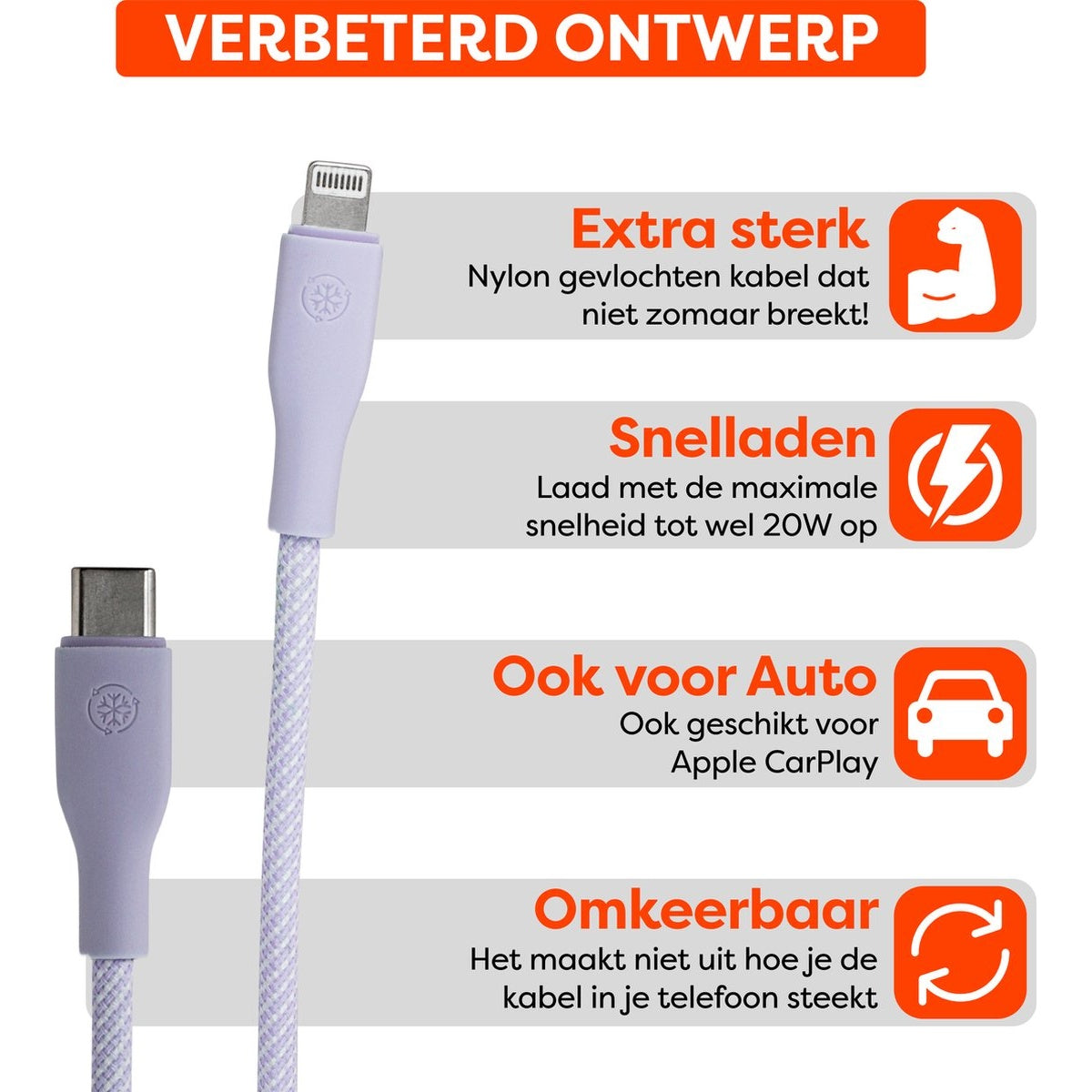 Een paarse en witte oplaadkabel. Tekst beschrijft kenmerken: Extra sterk, snel opladen, auto compatibel en omkeerbaar.