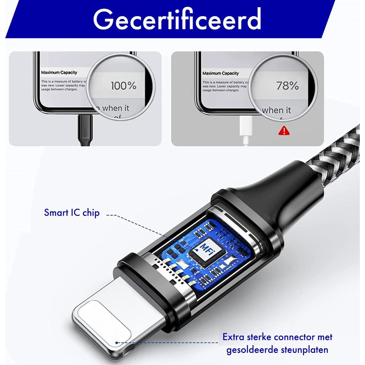 Een schuine opname van een zwarte oplaadkabel. De kabel heeft een blootliggende printplaat. Twee telefoonschermen tonen 100% en 78% batterij.
