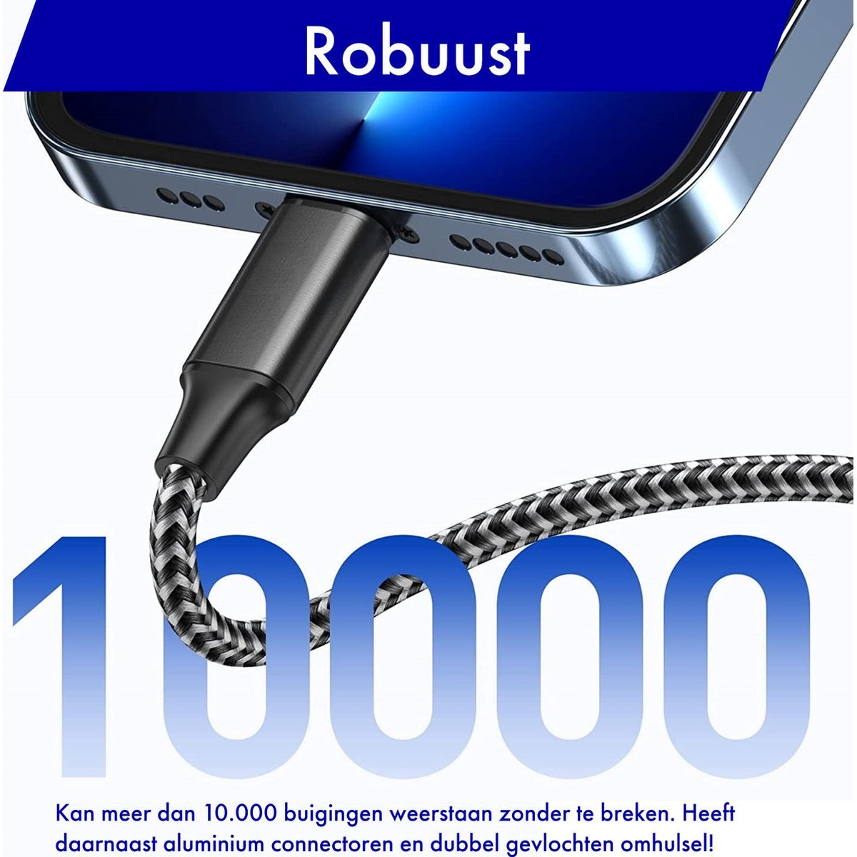 De afbeelding toont een telefoon die oplaadt met een kabel. De kabel heeft een gevlochten ontwerp en is verbonden met de telefoon. De tekst luidt '10000'.