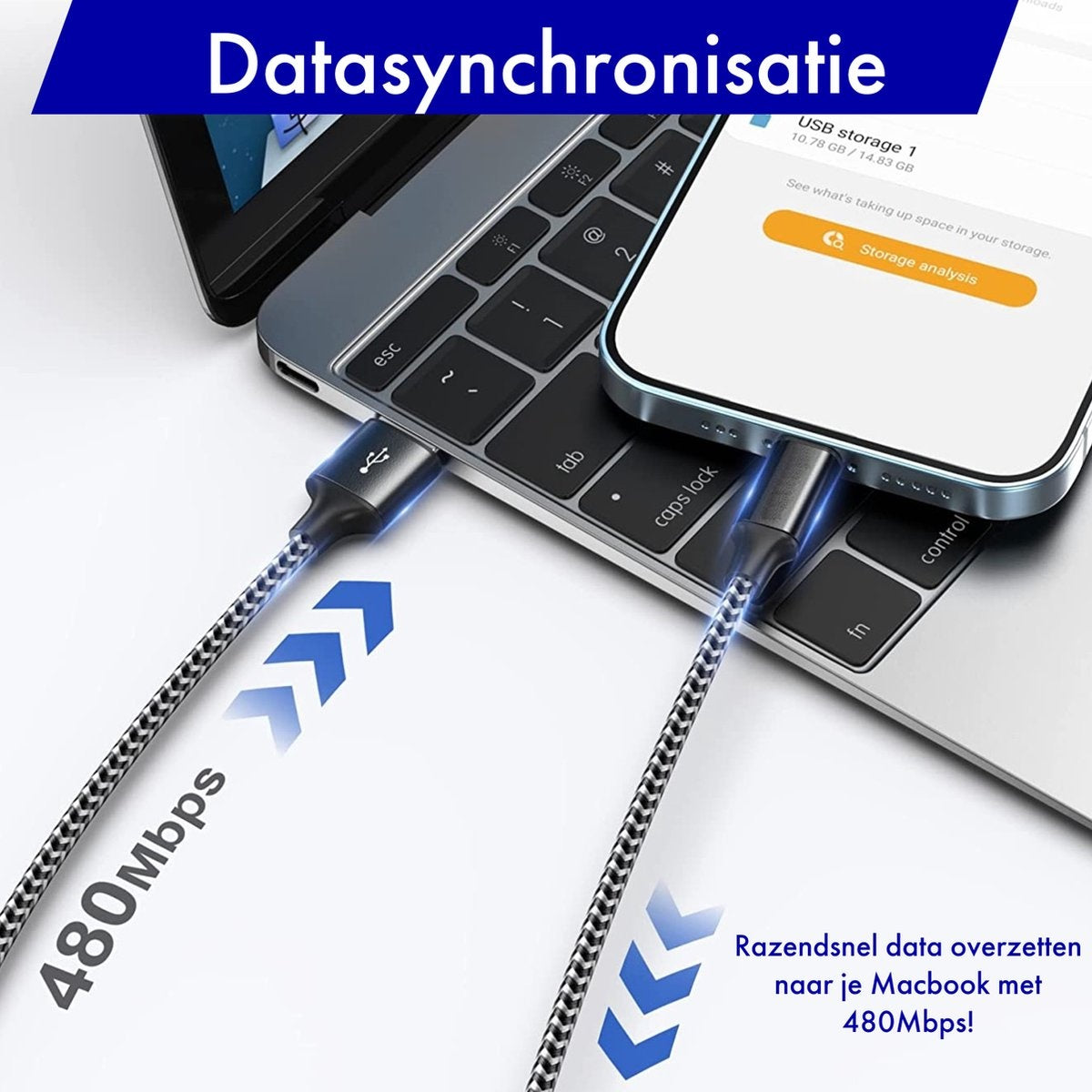 Een laptop en een telefoon verbonden door kabels. Het scherm toont opslaginformatie. Tekst op de afbeelding: Datasynchronisatie, 480Mbps, Razendsnel data overzetten.