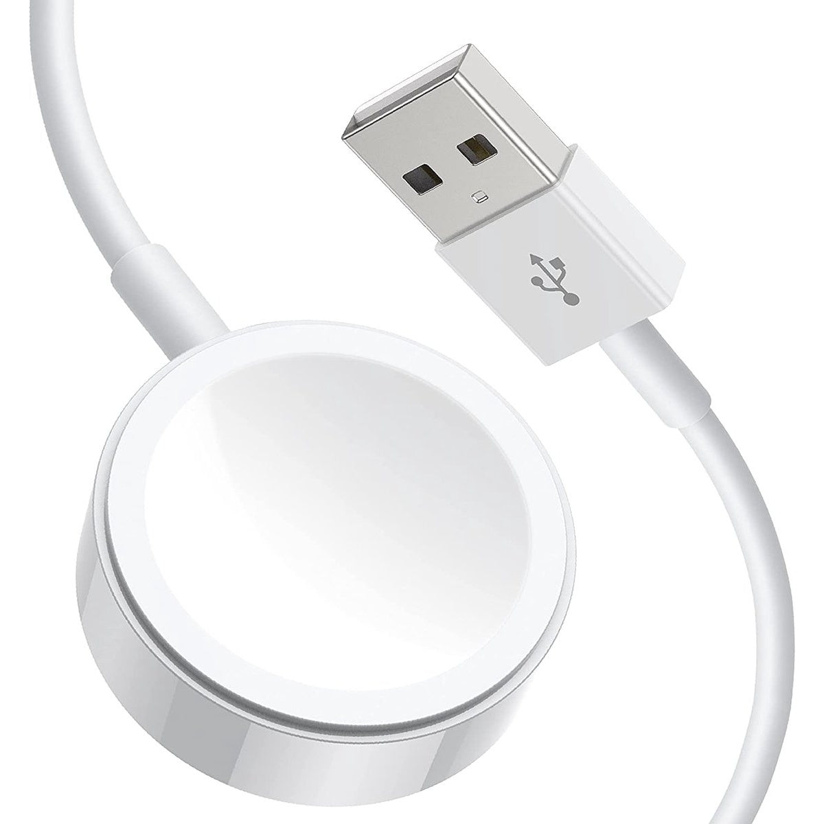 Een witte Apple Watch-oplader. Het heeft een ronde oplaadpad, een USB-connector en een witte kabel.