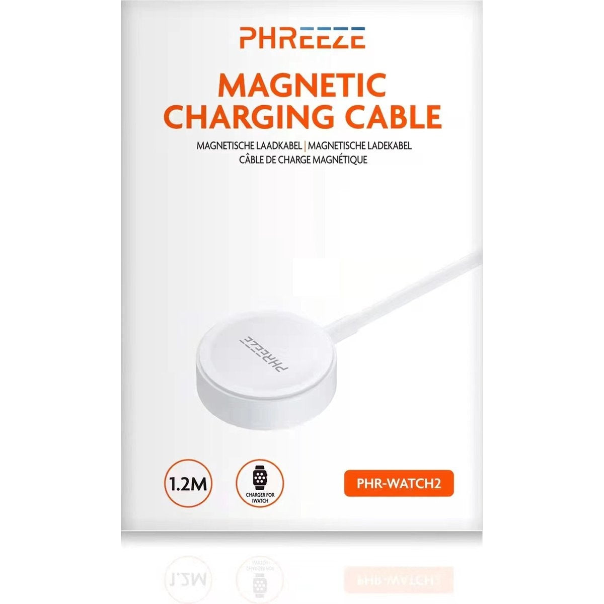 Een witte Phreeze magnetische oplaadkabel voor iWatch wordt op een witte achtergrond weergegeven. De tekst op de doos zegt Magnetic Charging Cable.