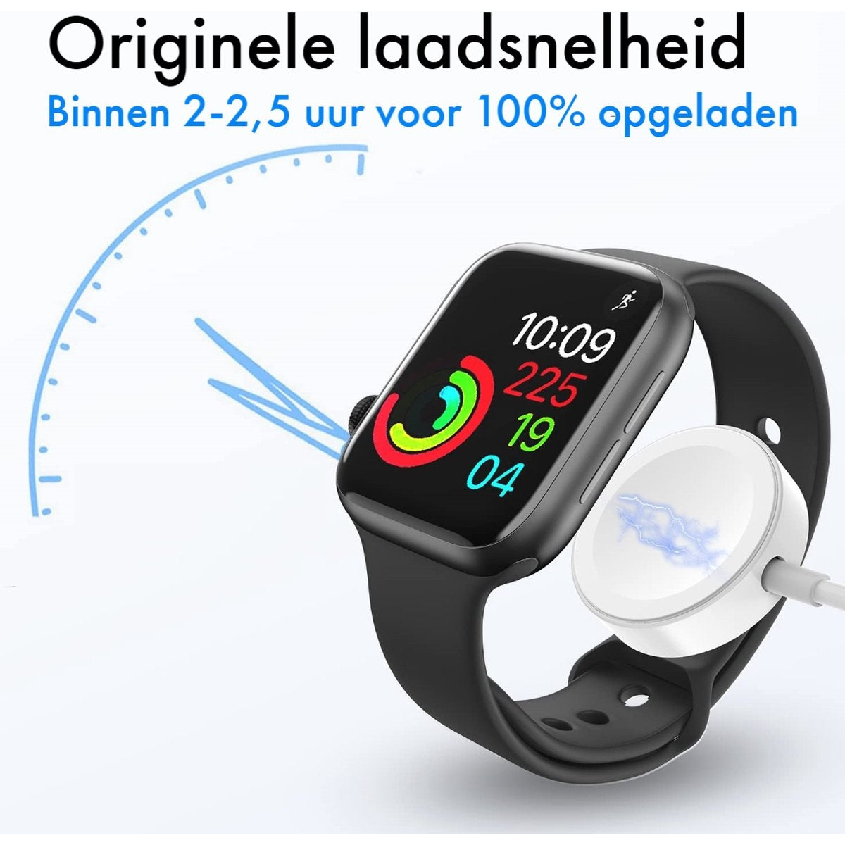 Zwarte smartwatch die oplaadt. Display toont tijd, activiteit en laadindicator. Witte oplaadpad verbonden met de watch.