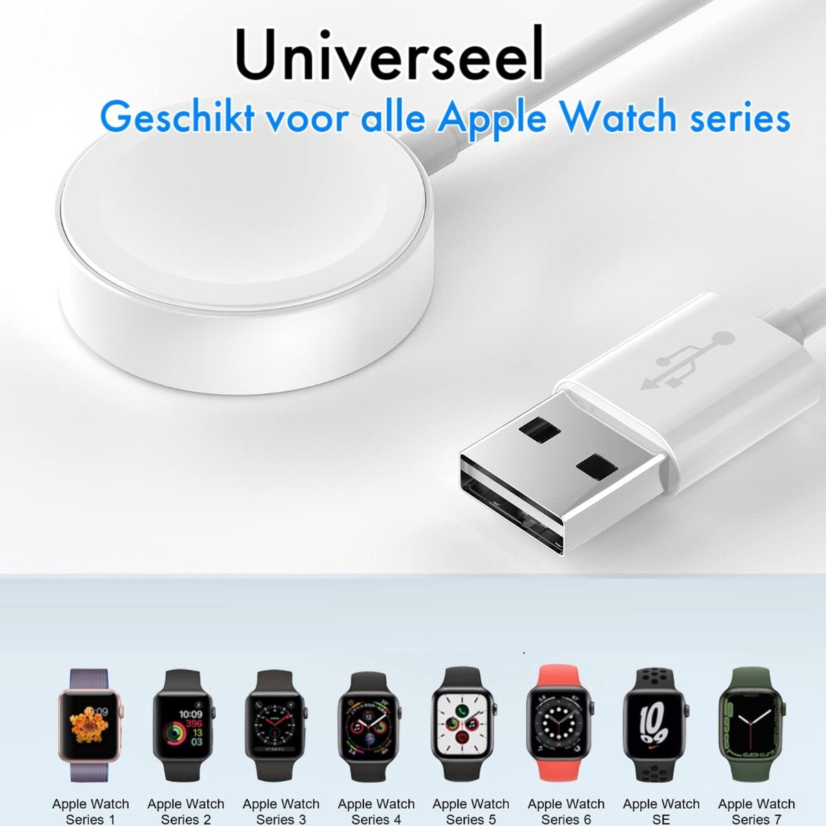 Witte Apple Watch-oplader met USB-connector. Daaronder worden acht Apple Watch-modellen weergegeven, met serienummers.