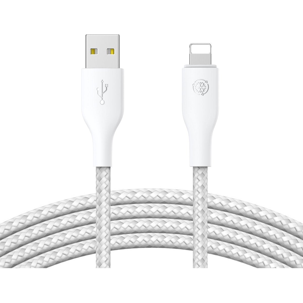Witte USB naar Lightning kabel. USB-uiteinde is rechthoekig, Lightning-uiteinde heeft een kleine vierkante opening. Gevlochten kabel in wit.