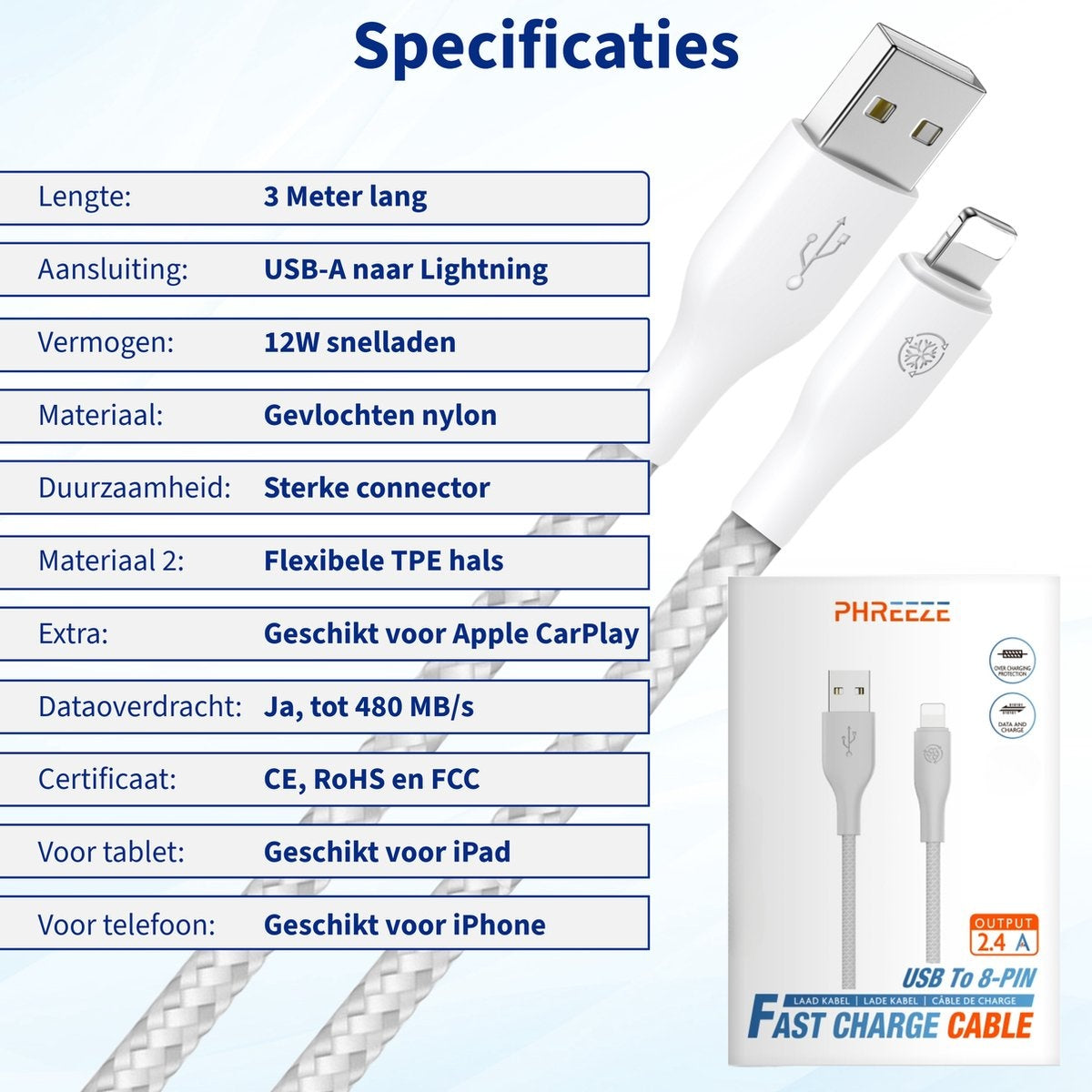 Witte USB naar Lightning kabel met gevlochten nylon, productdetails links en een doos met een afbeelding van de kabel.