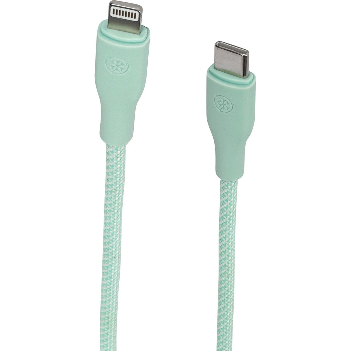 Twee mintgroene oplaadkabels. Eén met een Lightning-connector, de andere met een USB-C-connector. Beide hebben gevlochten snoeren.