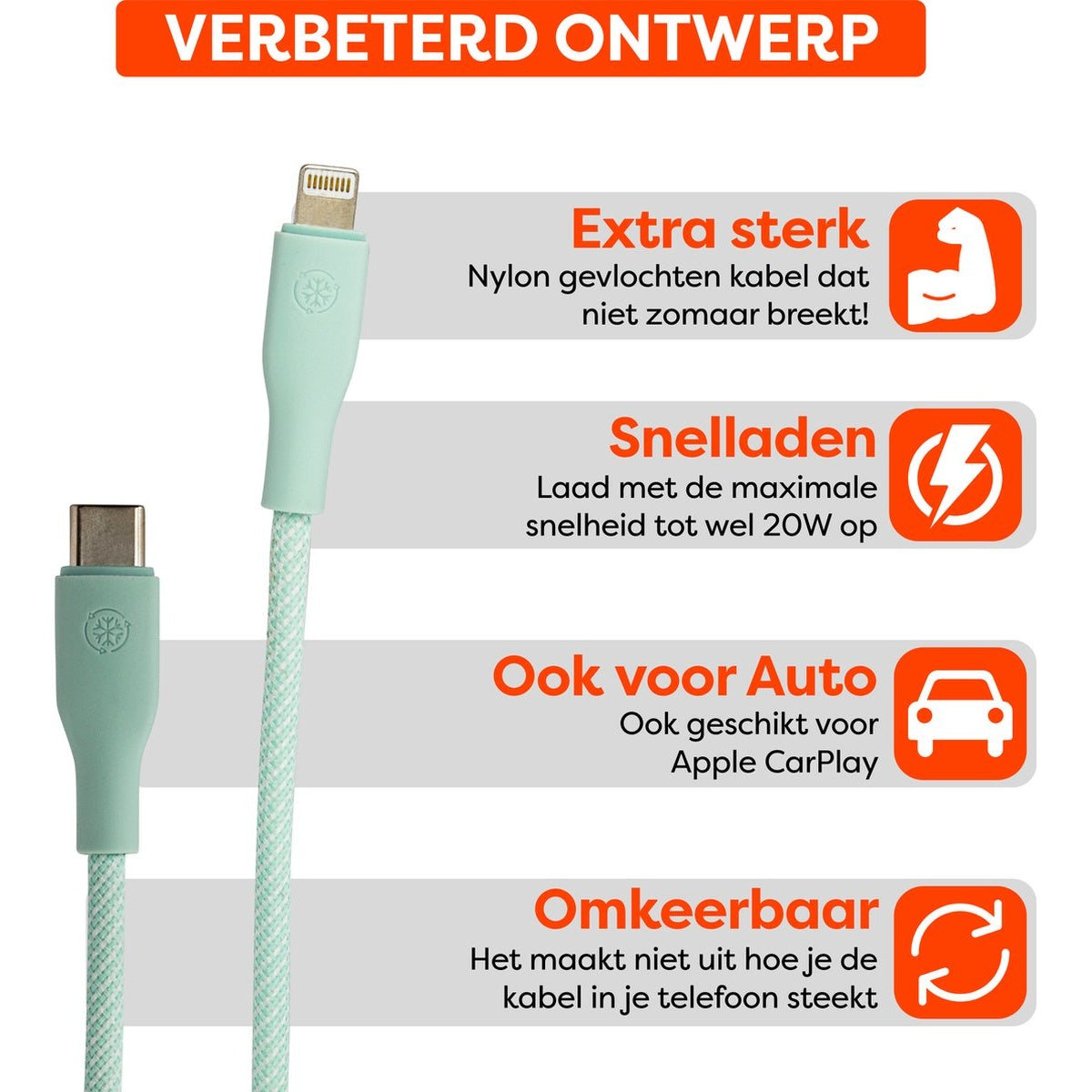 Afbeelding toont oplaadkabels met functies zoals extra sterk nylon, snel opladen, compatibiliteit met auto's en omkeerbaar ontwerp.