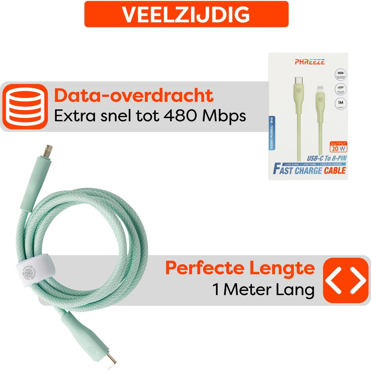 Mintgroene USB-C naar 8-pins snellaadkabel met verpakking. Tekst op kabel en doos beschrijft kenmerken en lengte.