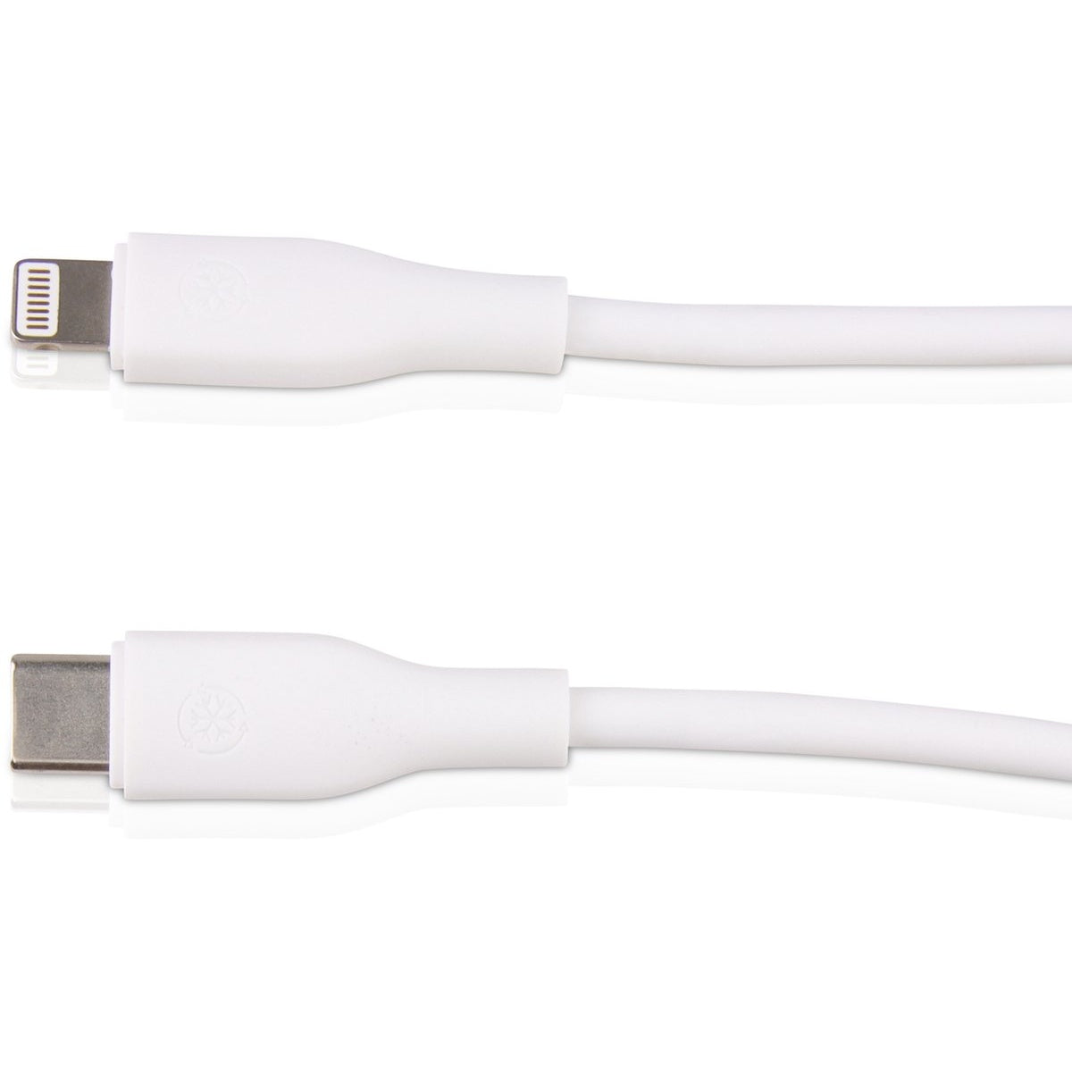 Twee witte oplaadkabels met verschillende connectoren. Eén is een Lightning-connector, de andere is een USB-C-connector.
