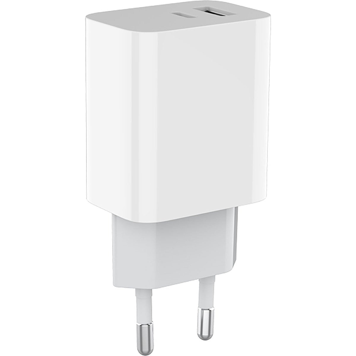 Een witte telefoonlader met een rechthoekige behuizing, twee USB-poorten aan de bovenkant en twee pinnen voor in het stopcontact.