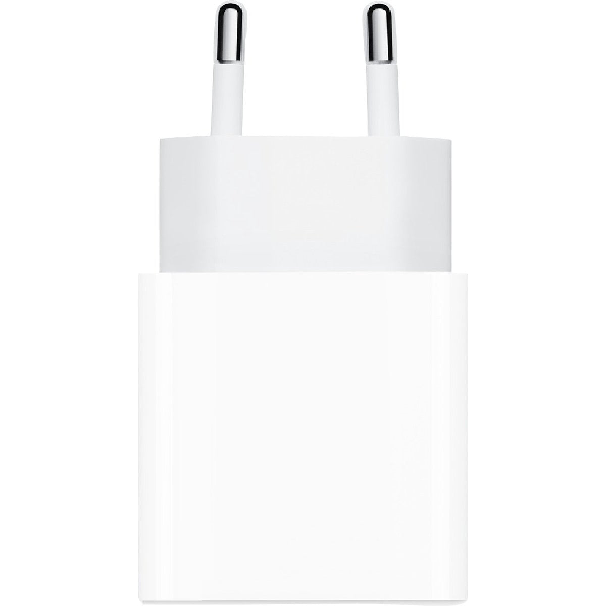 Een witte telefoonlader met twee pinnen. Het heeft een rechthoekige basis en een cilindrische bovenkant. De pinnen zijn zwart en U-vormig.
