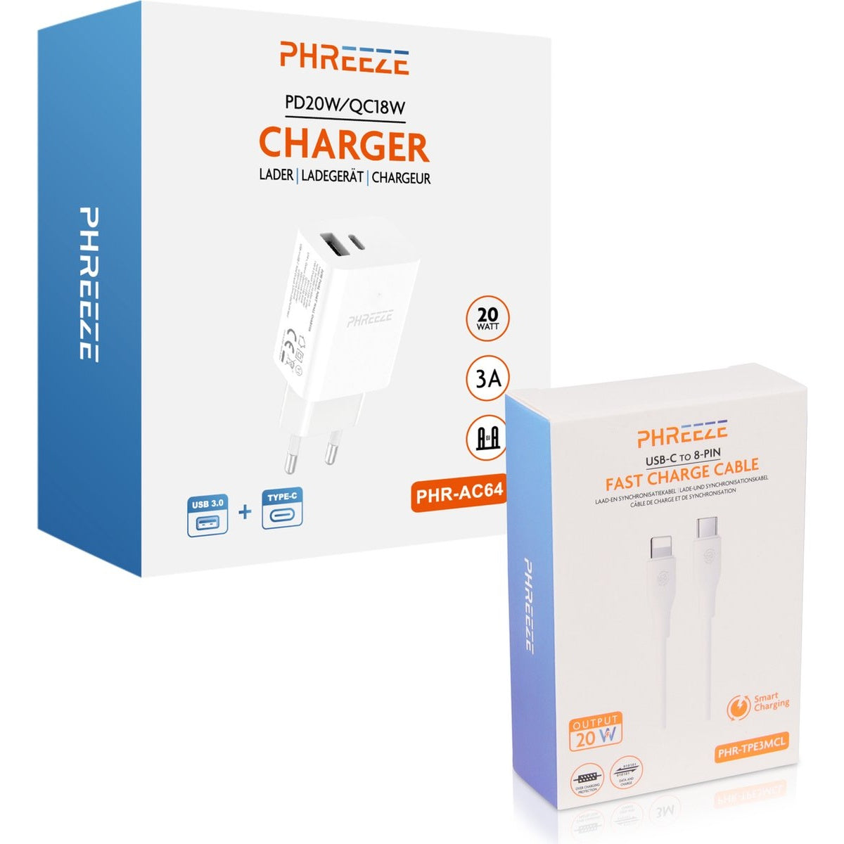 Twee dozen PHREEZE-opladers en -kabels. Eén doos toont een oplader. De andere doos toont een USB-C naar 8-pins snellaadkabel.