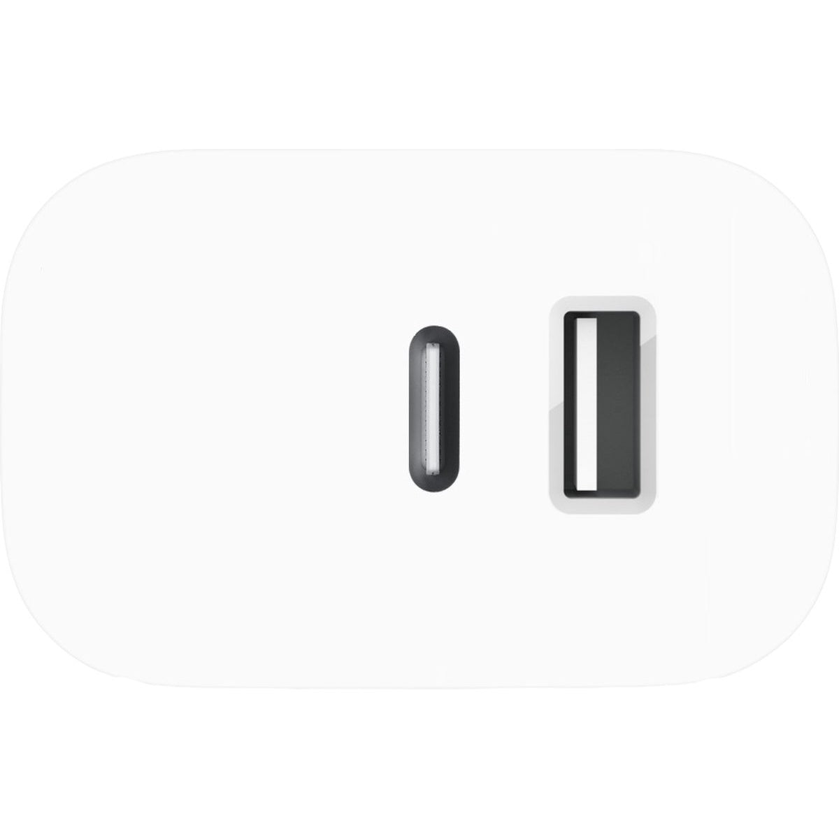 Witte, afgeronde rechthoekige oplader met twee zwarte, rechthoekige poorten. Eén poort is USB-C, de andere is USB-A.