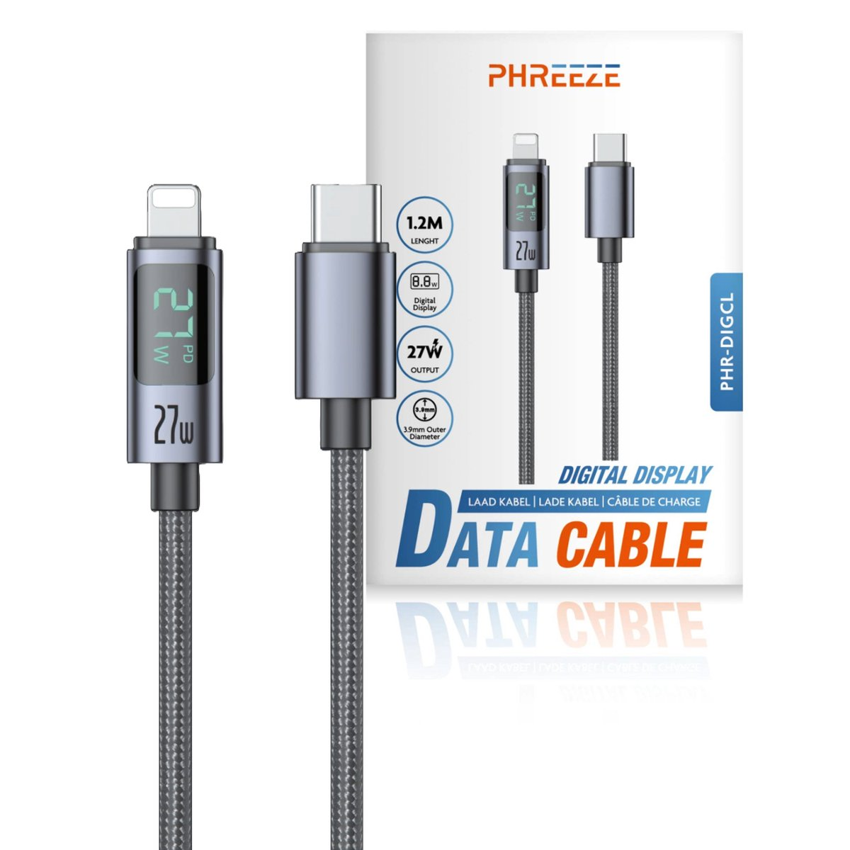 Datakabel met digitale display van 27W. USB-C en Lightning connectoren. Verpakking met productdetails.