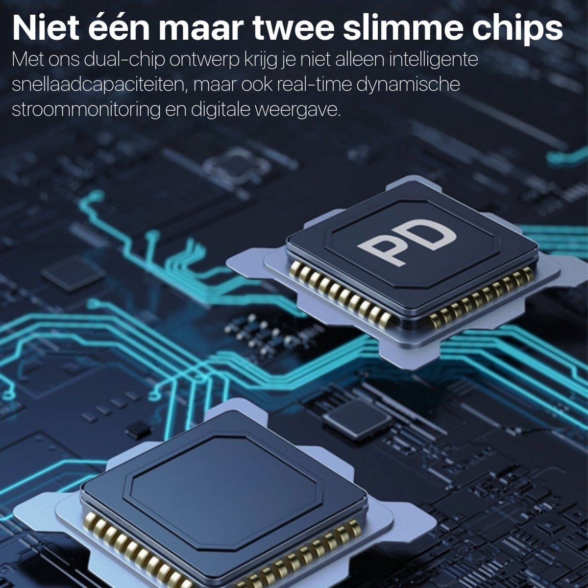 Twee zwarte chips op een printplaat, met Nederlandse tekst. Eén chip heeft 'PD'. De achtergrond toont blauwe circuitlijnen.