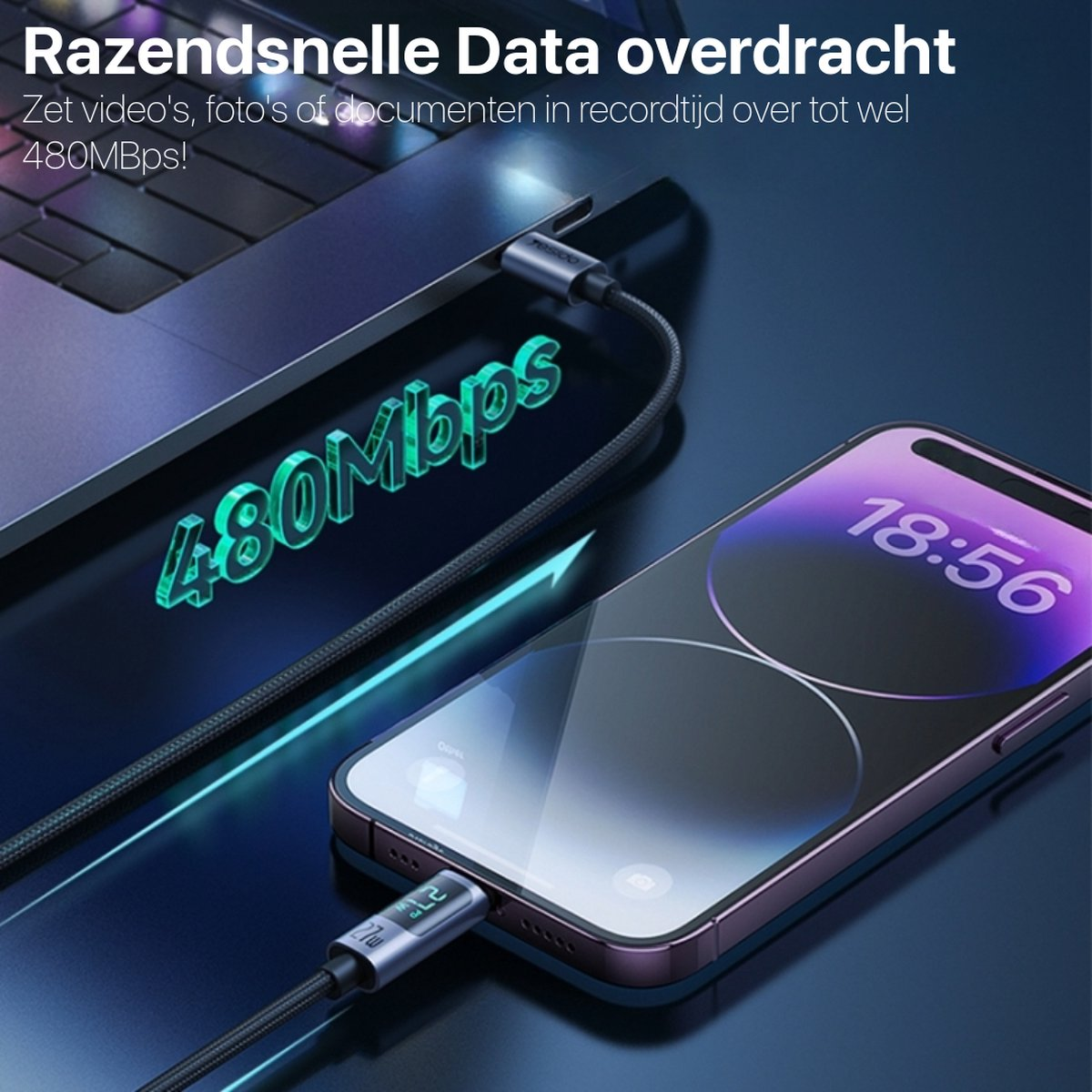Een telefoon aangesloten op een laptop via een oplaadkabel. De telefoon toont 18:56. De kabel heeft een digitaal display.